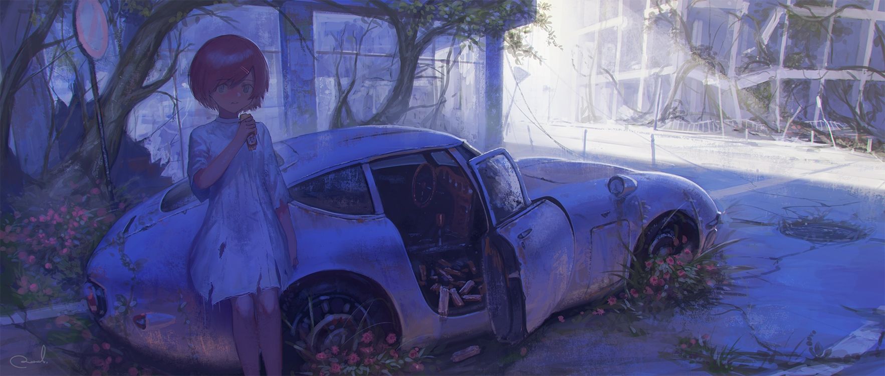 Download 1766x752 Apocalypse, Anime Girl, Car, Pink Hair
