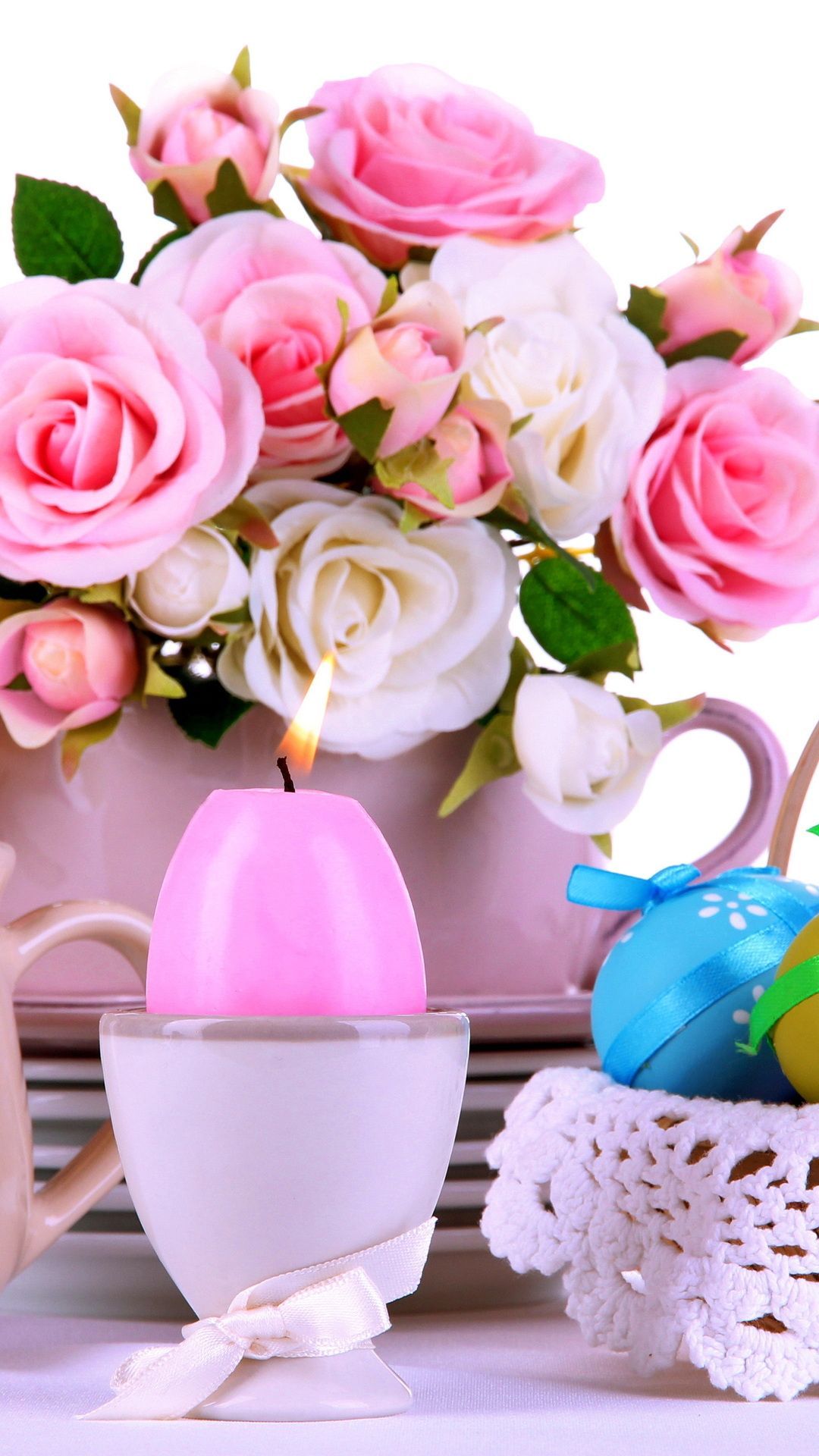 serving, eggs, roses, pink, roses, eggs, candle, easter