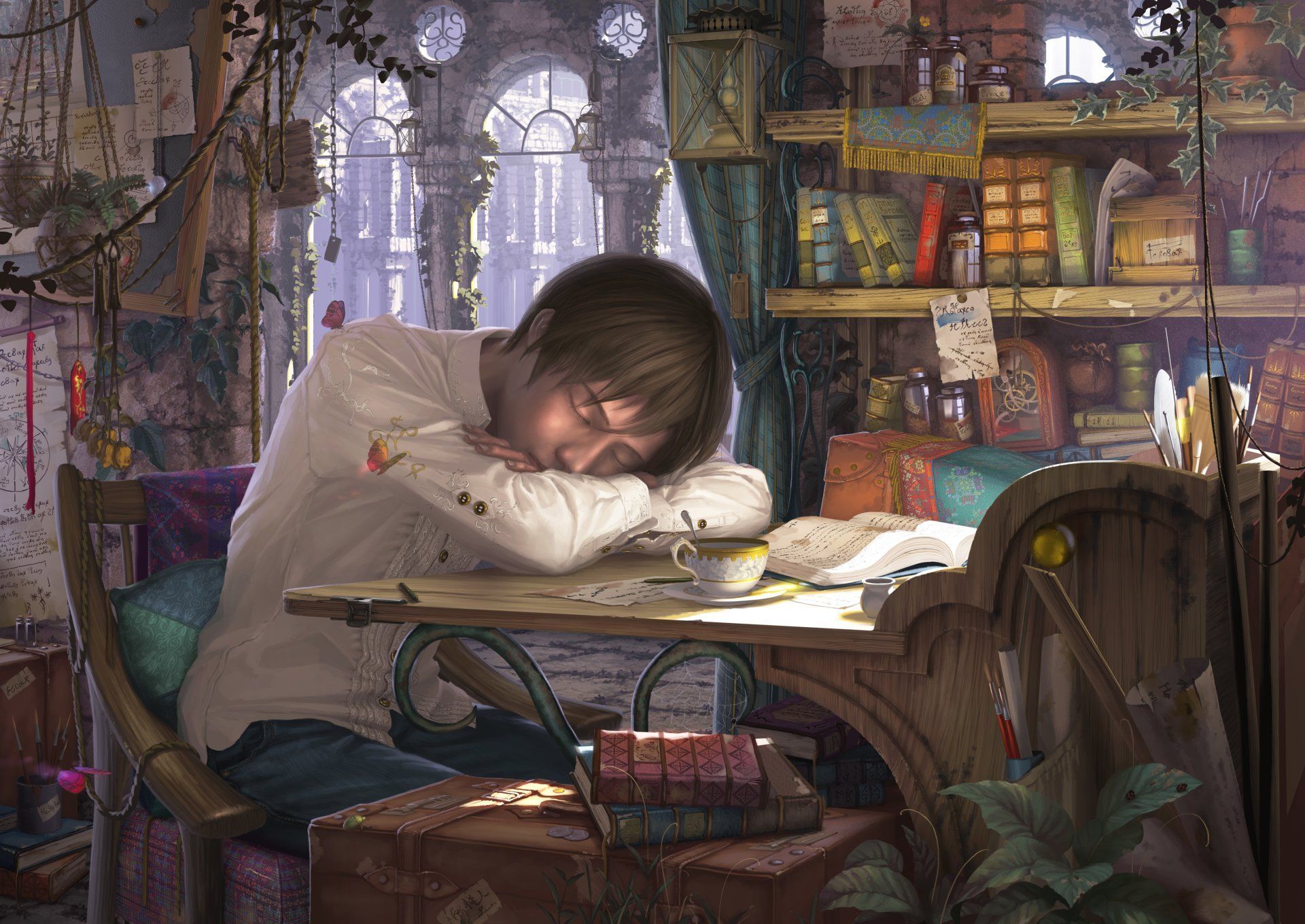 Anime Original Sleeping Boy Desk Book Wallpaper. Fantasy art