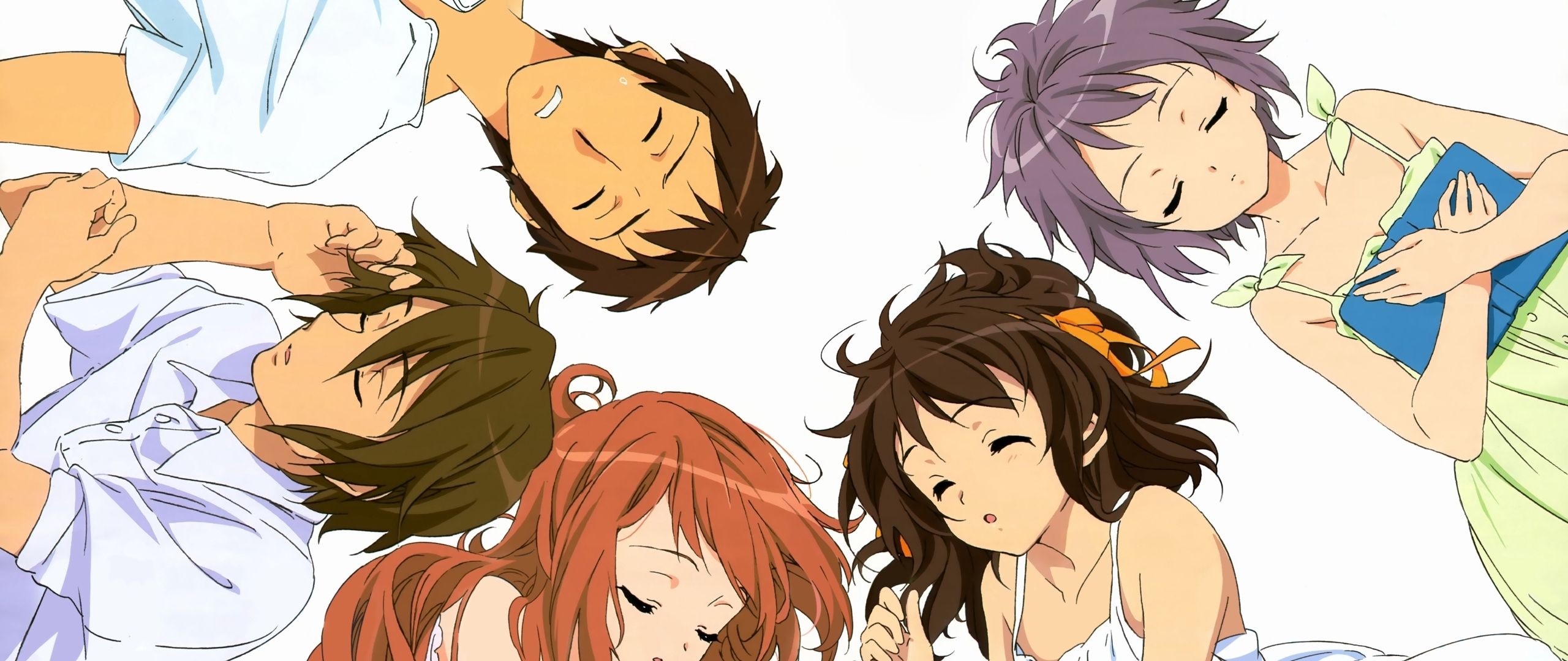Download wallpaper 2560x1080 anime crowd, sleep, bed, top view