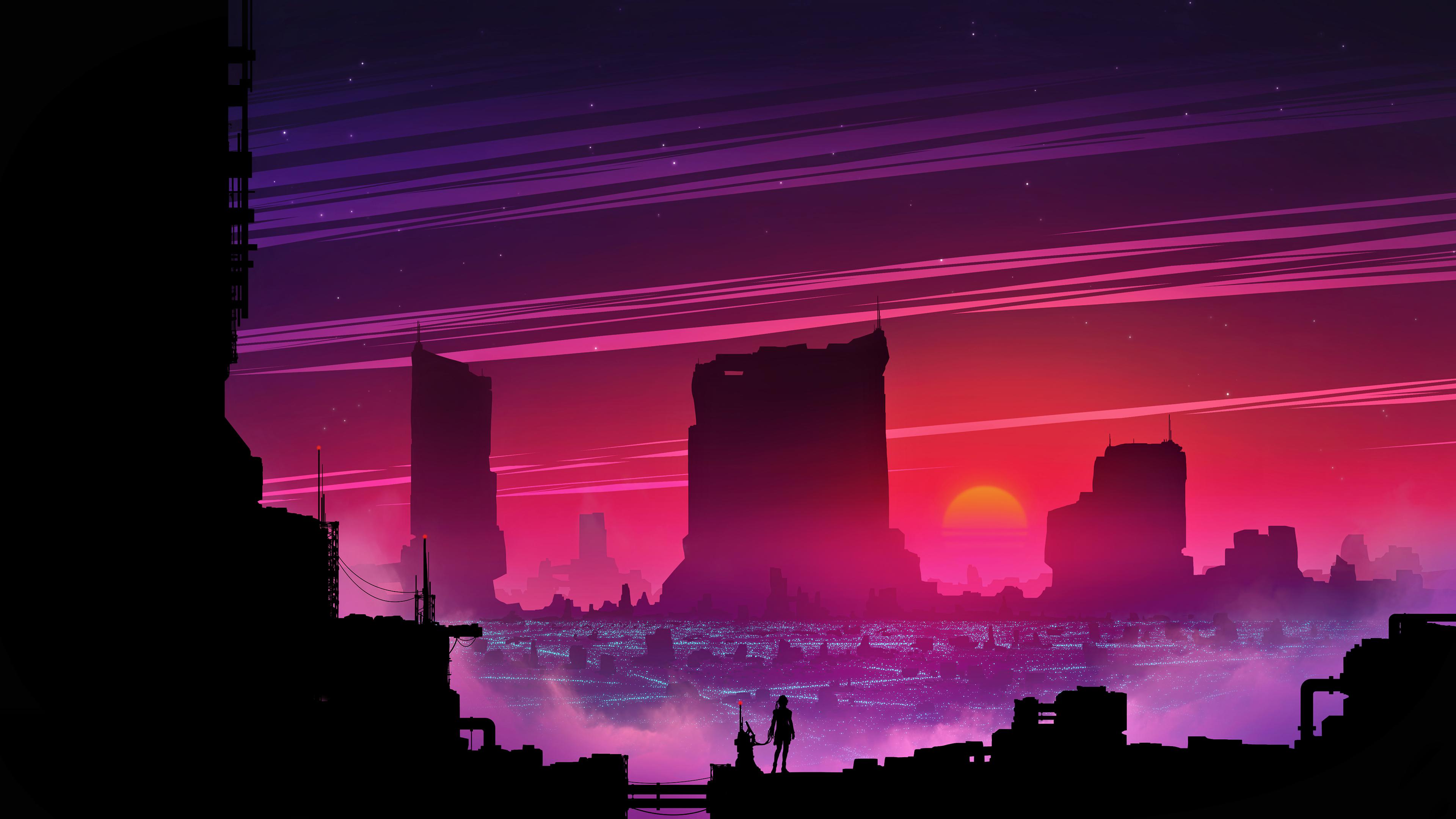 Futuristic City Sunset 4K wallpaper