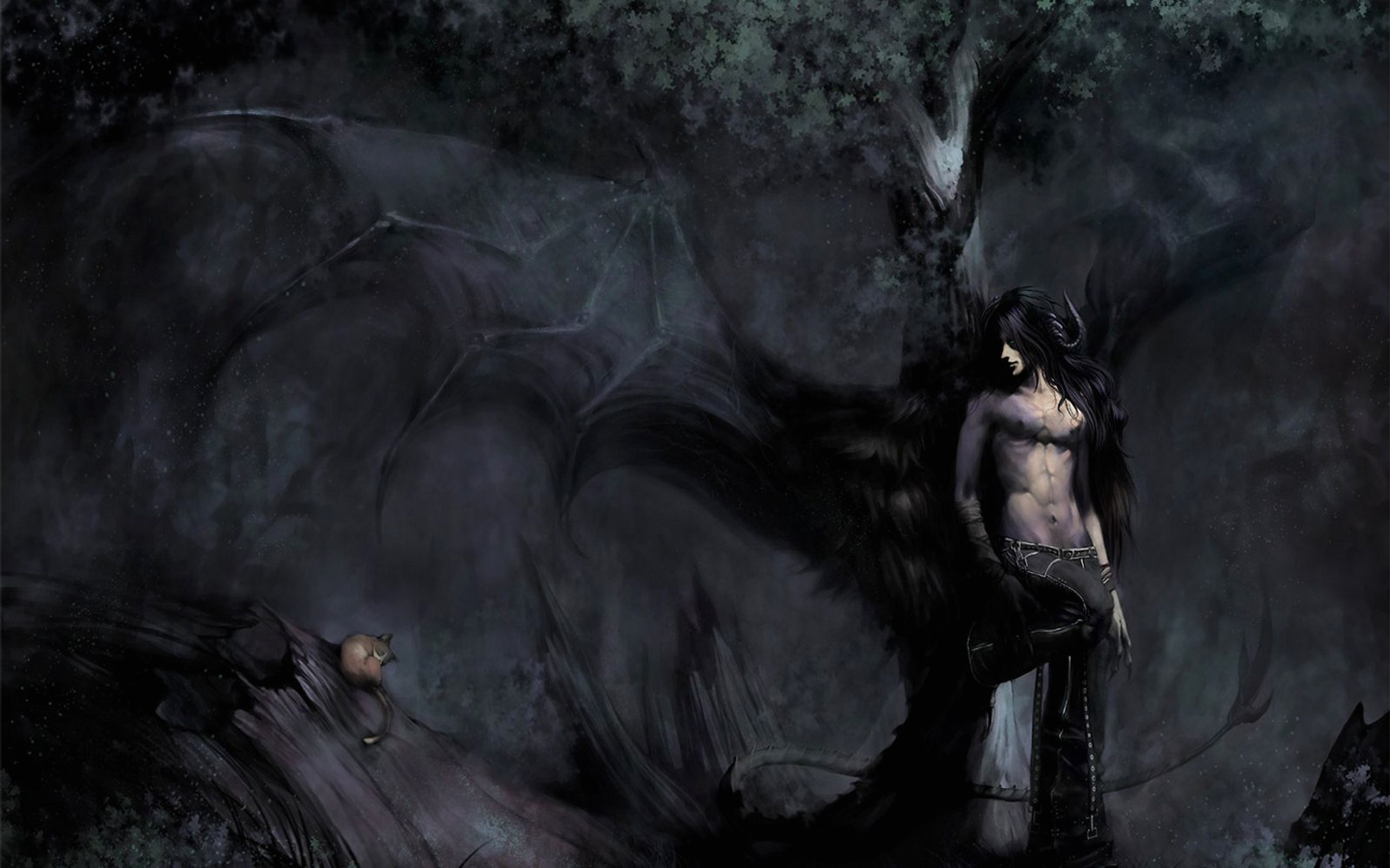 Evil Anime Guy Black Hair. Anime Dark Demon Horns Wings Graphic