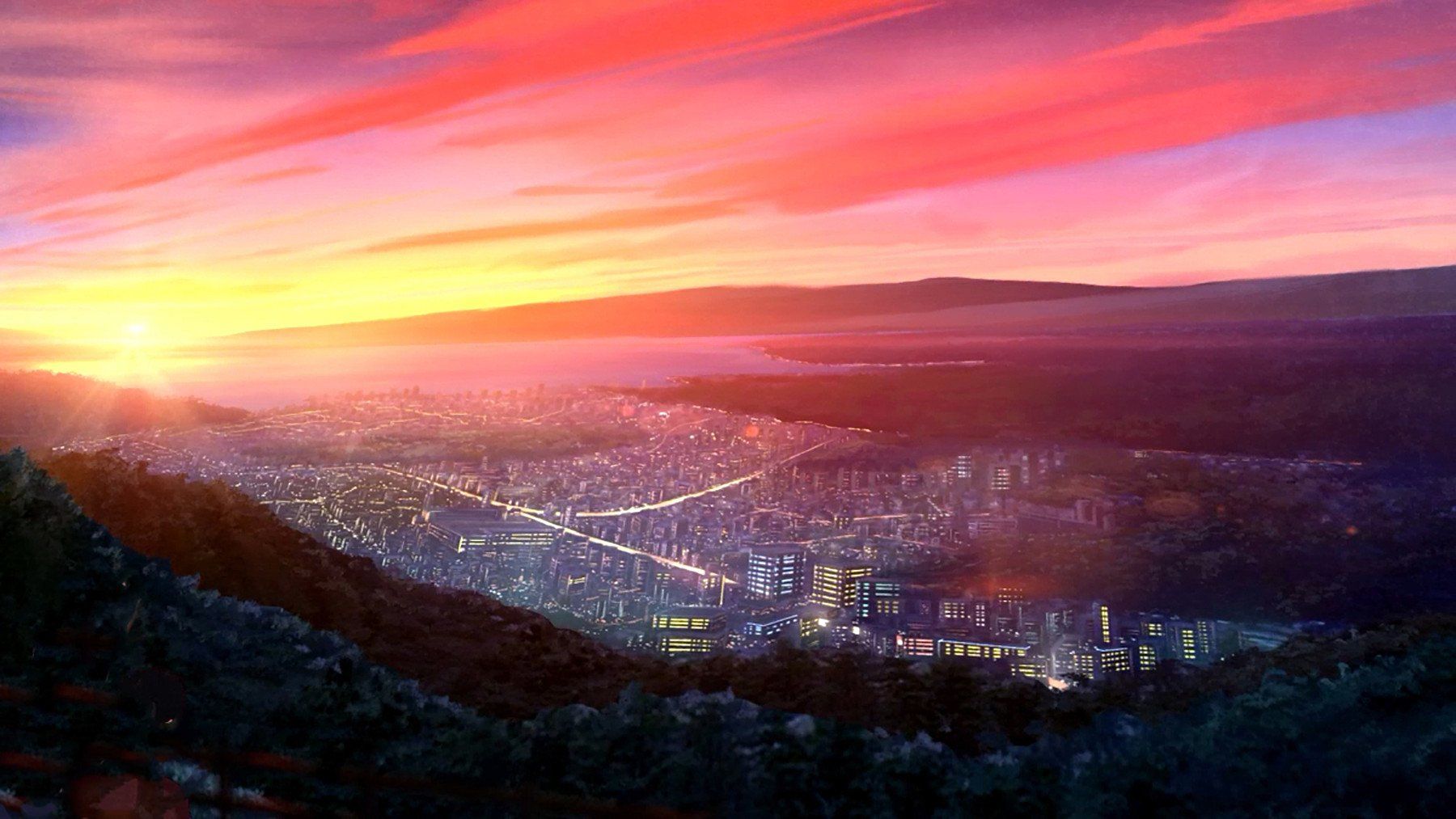 Anime Original Hill Mountain Sunset City Light Building Sky Cloud