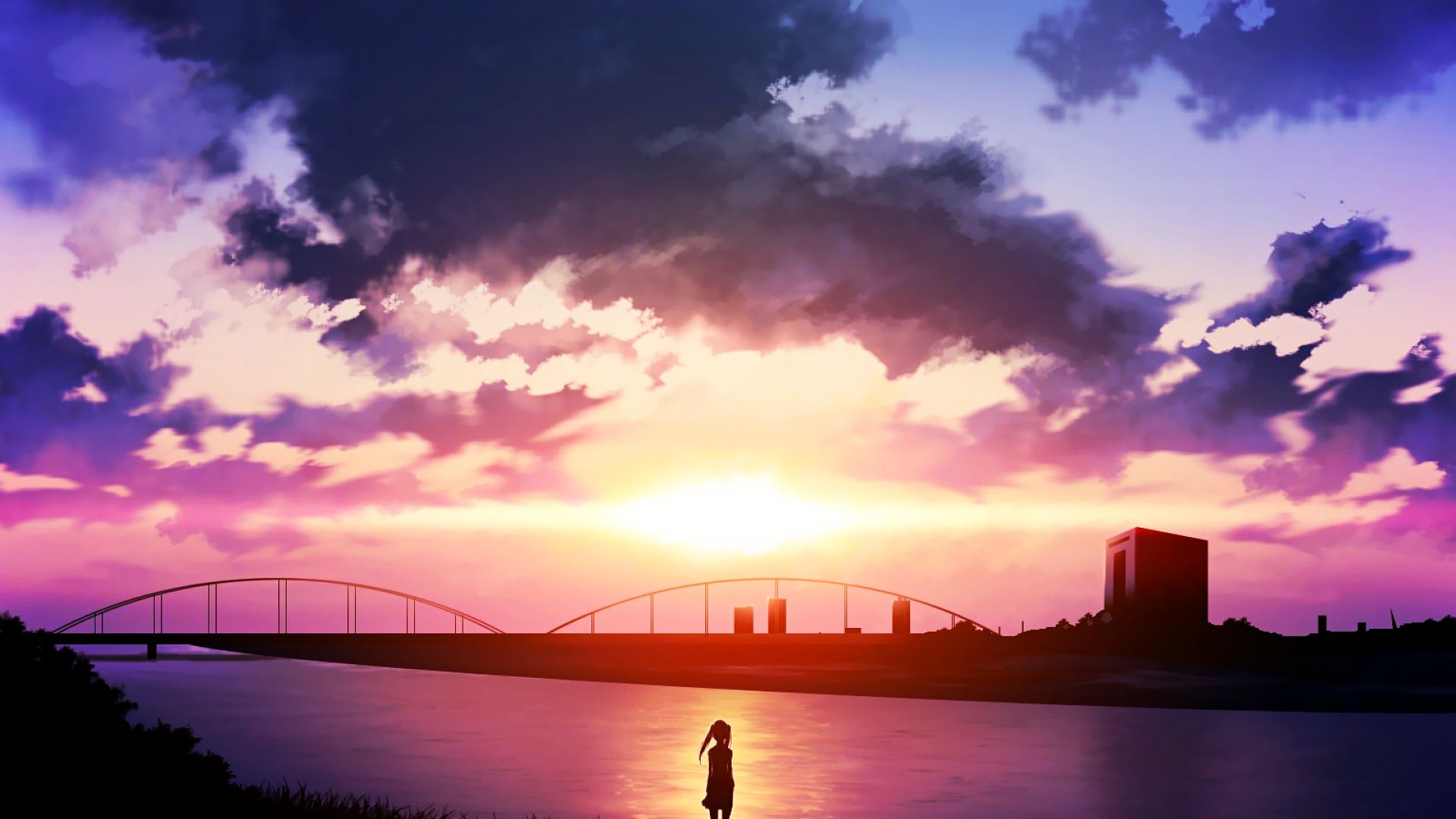 anime, Sunset, River, Sky, Clouds Wallpaper HD / Desktop