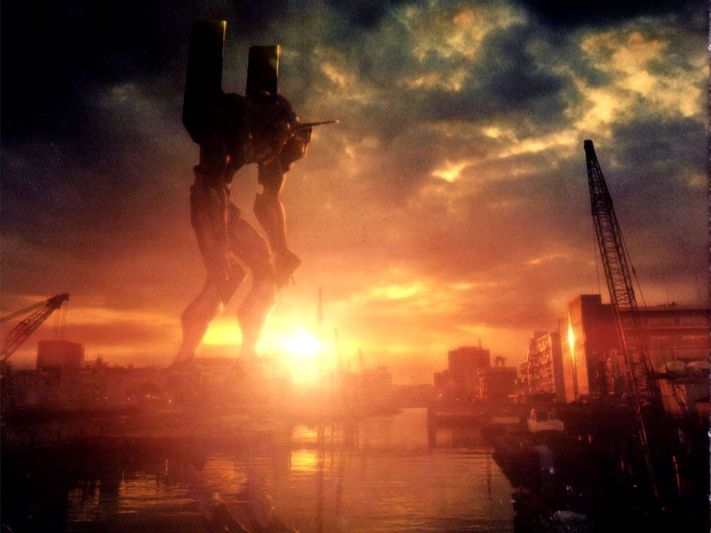 Huge Mech Standing Over City At Sunset Genesis Evangelion