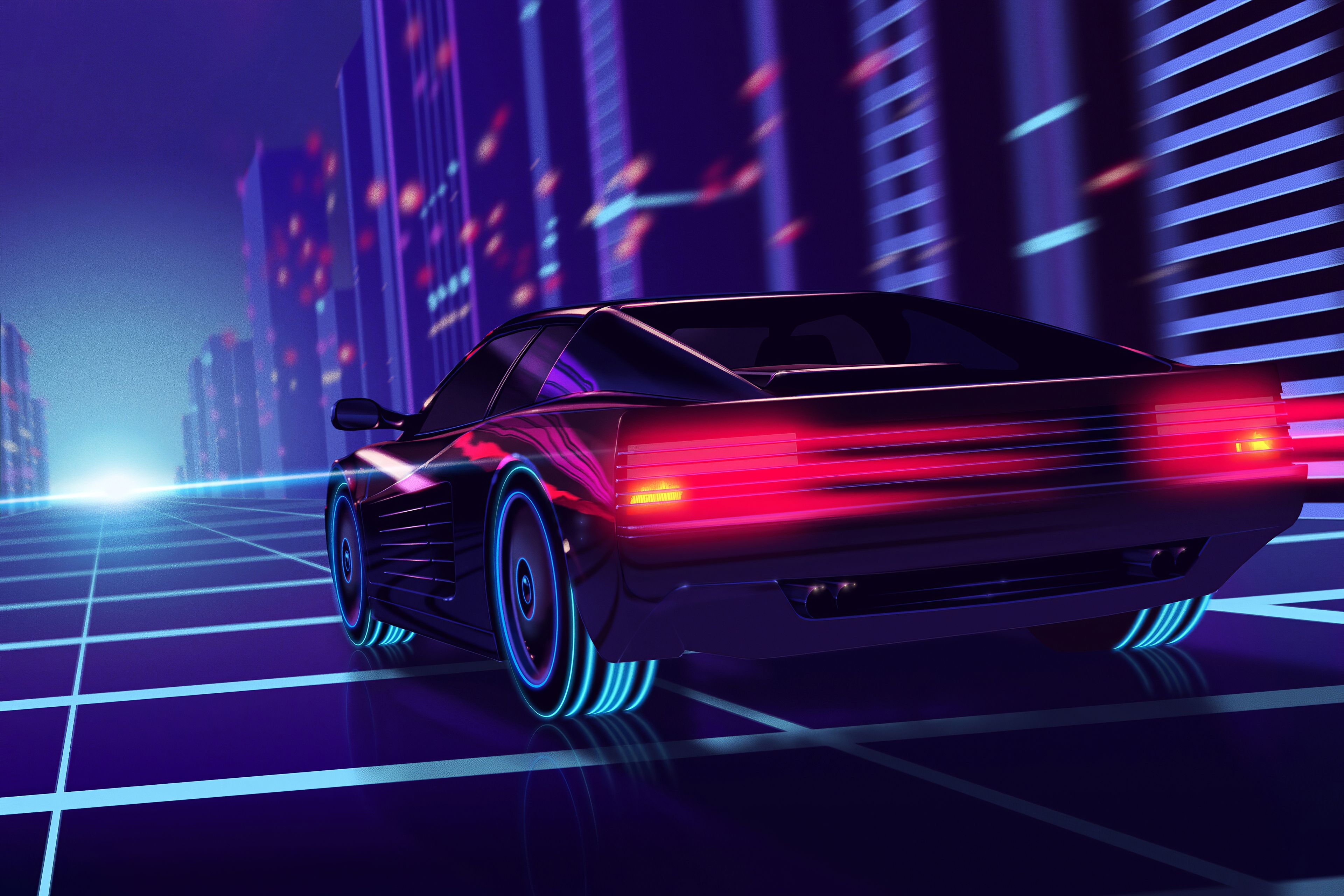 Wallpaper Synthwave, RetroWave art, Neon, Racing car, Night, 4K, Creative Graphics,. Wallpaper for iPhone, Android, Mobile and Desktop