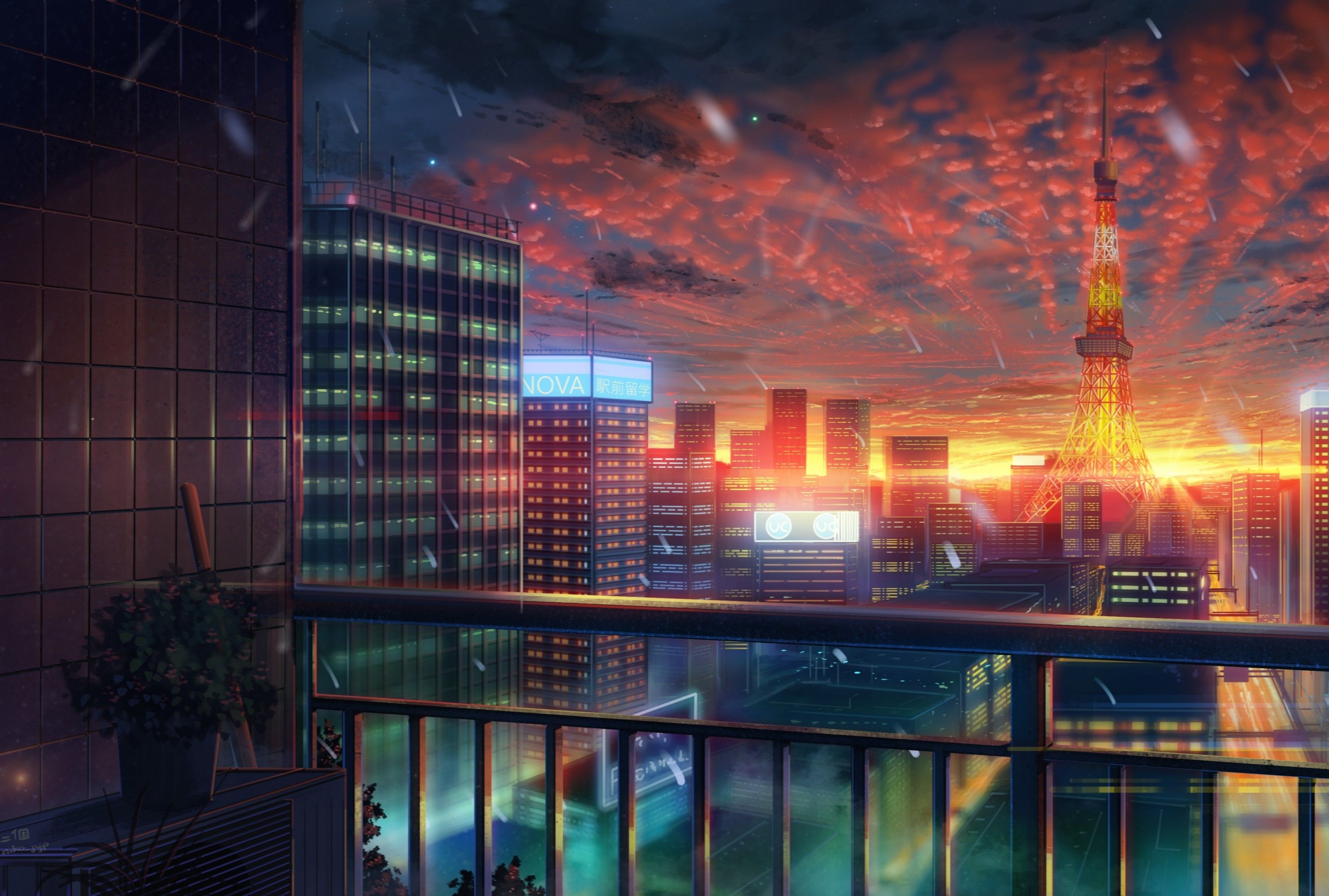 Download 3348x2257 Anime City, Tokyo Tower, Sunset, Buildings