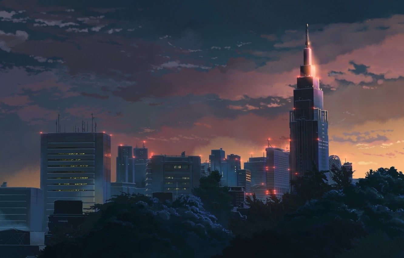Wallpaper Sunset, The sky, Clouds, Trees, Building, Anime