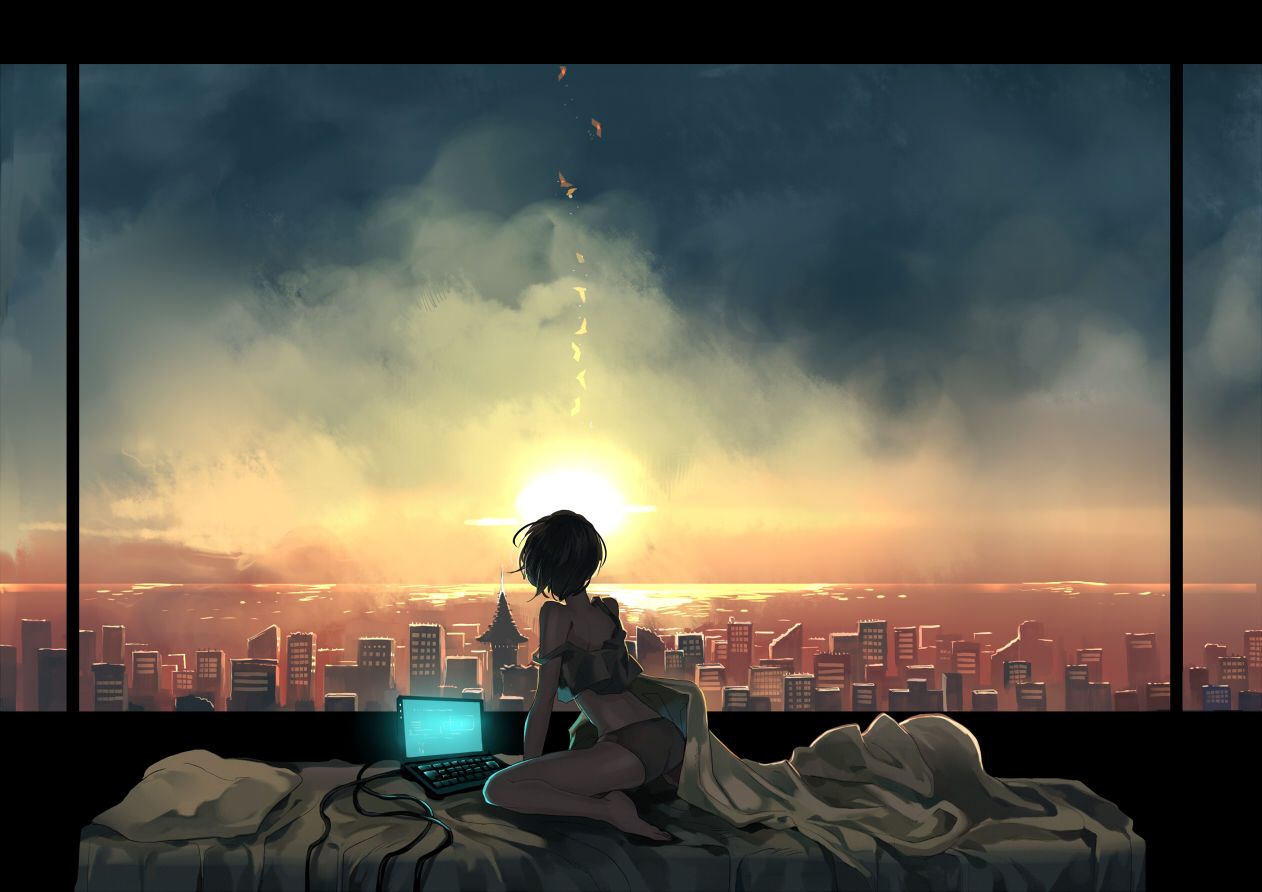 barefoot bed city computer kyouichi original scenic short hair sky