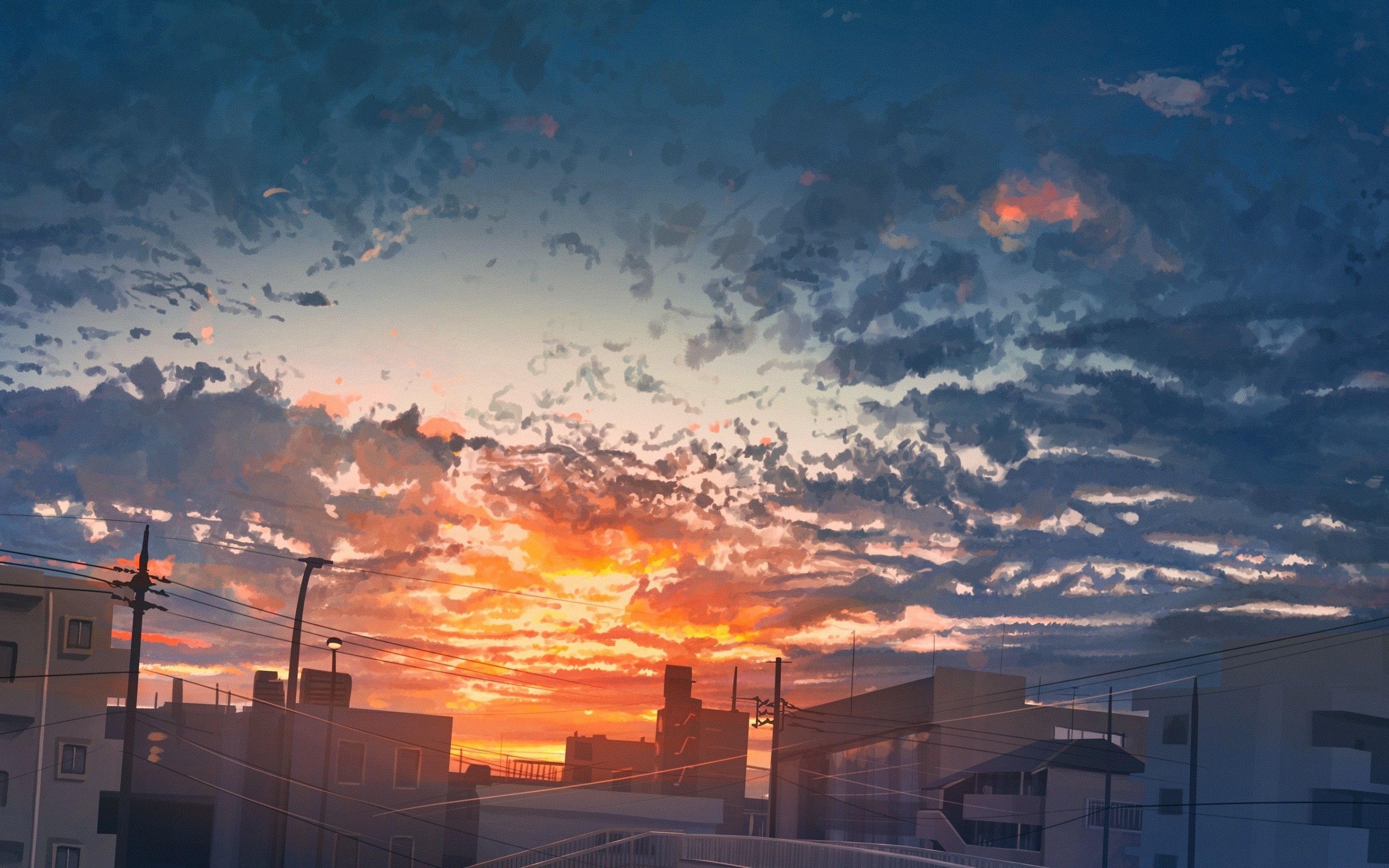 Download 2880x1800 Anime City, Sunset, Buildings, Clouds, Dawn