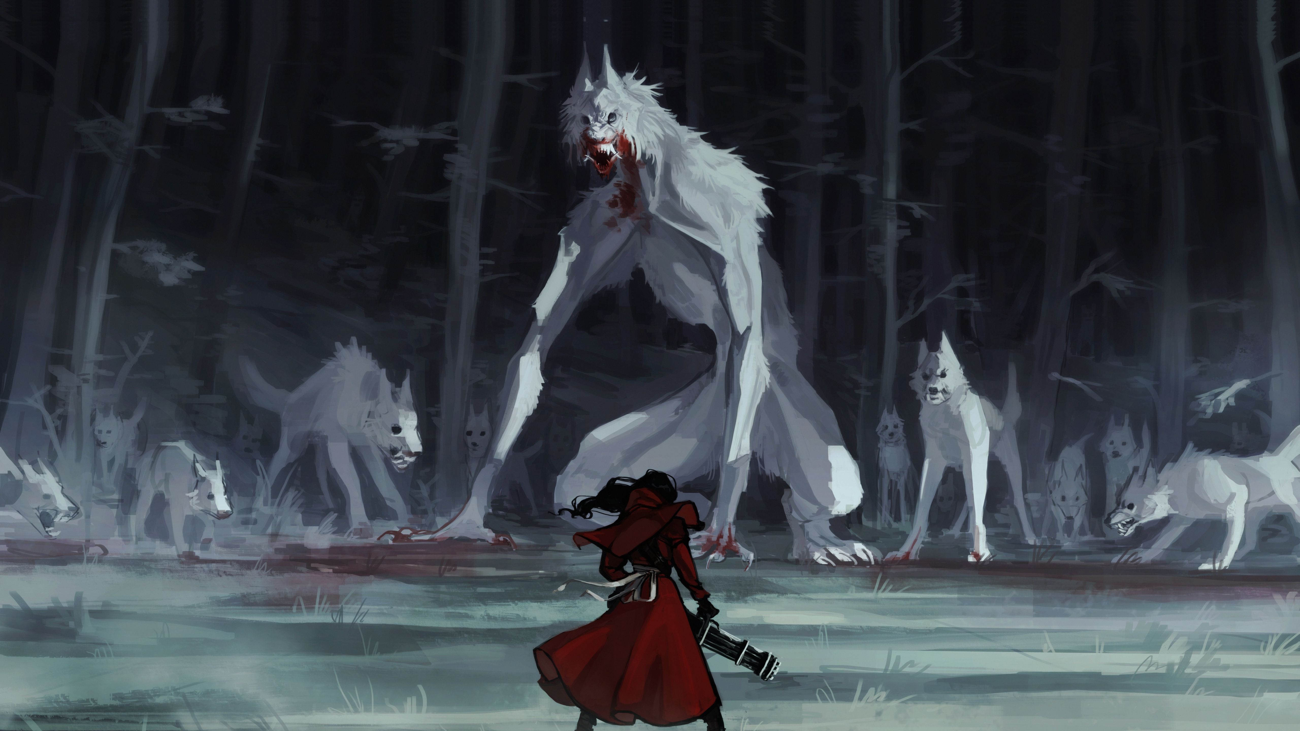 Download 5120x2880 wallpaper red riding hood, wolf, fantasy, art