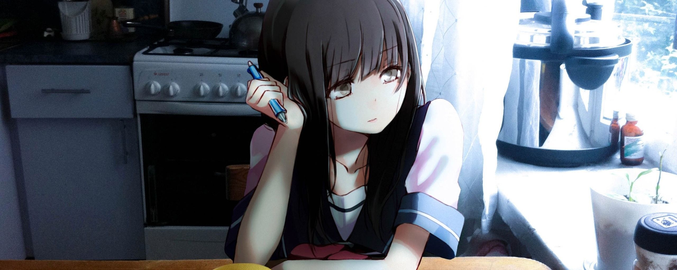 Kitchen, Anime Girl, Thinking, Wallpaper Thinking Girl