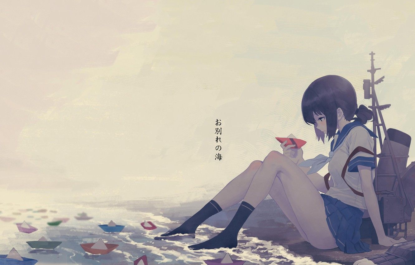 Wallpaper girl, school uniform, legs, anime, water, mood, artwork