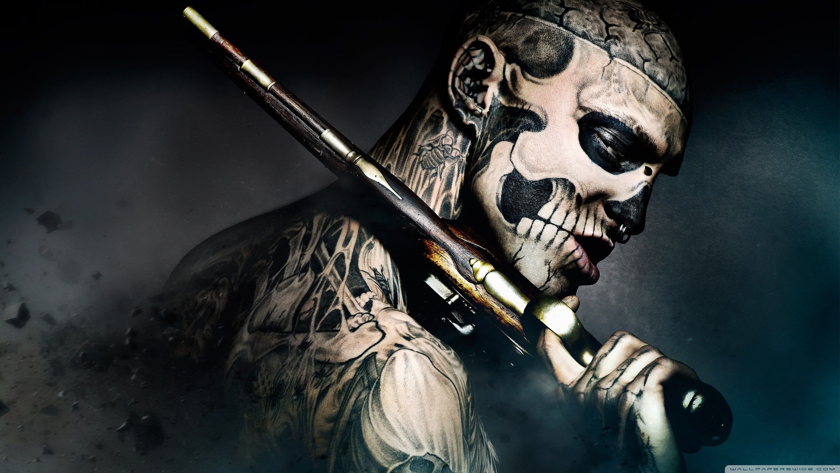 Man with skull face mask holding rifle illustration HD wallpaper