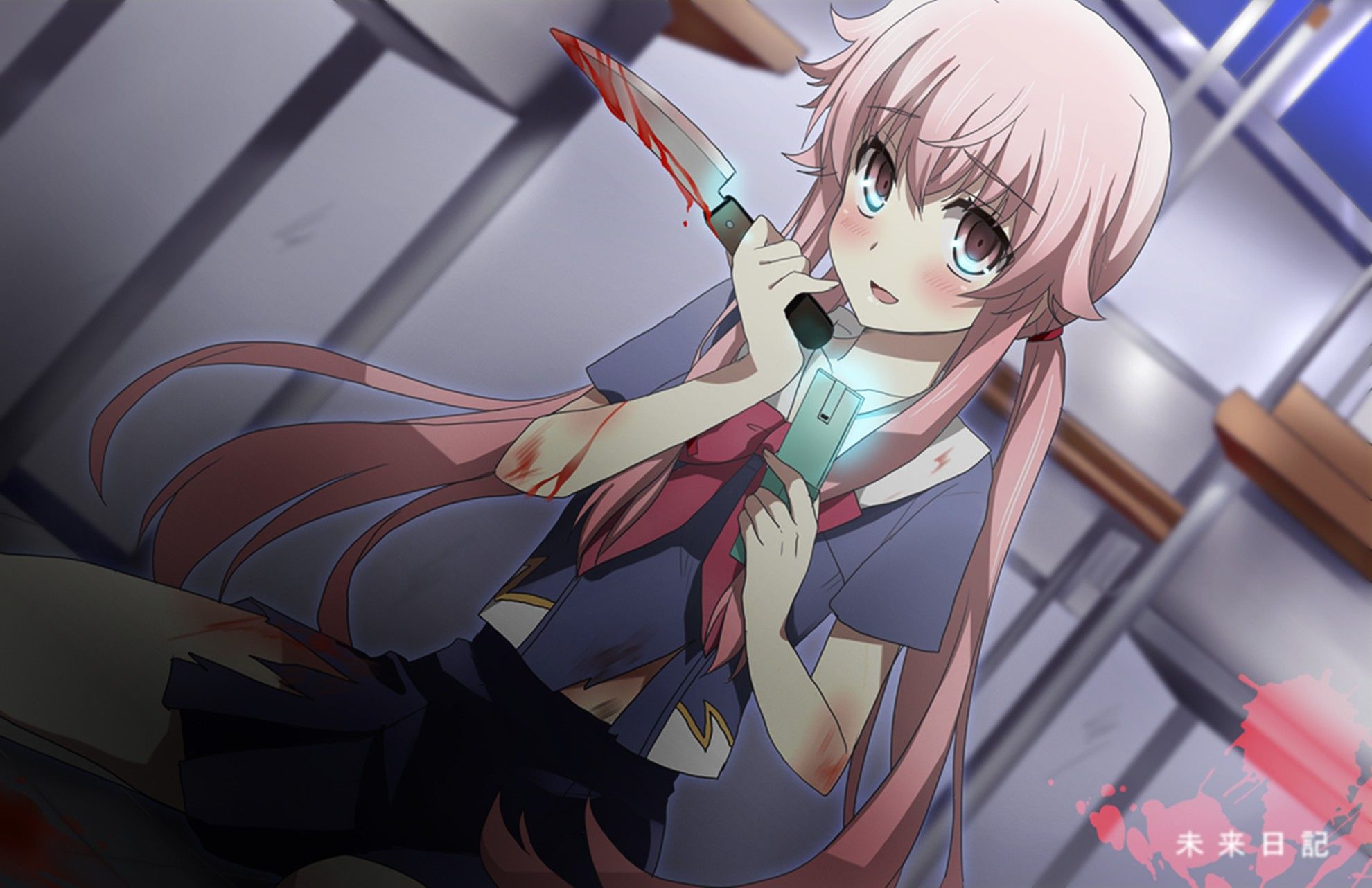 anime girl holding knife blue hair