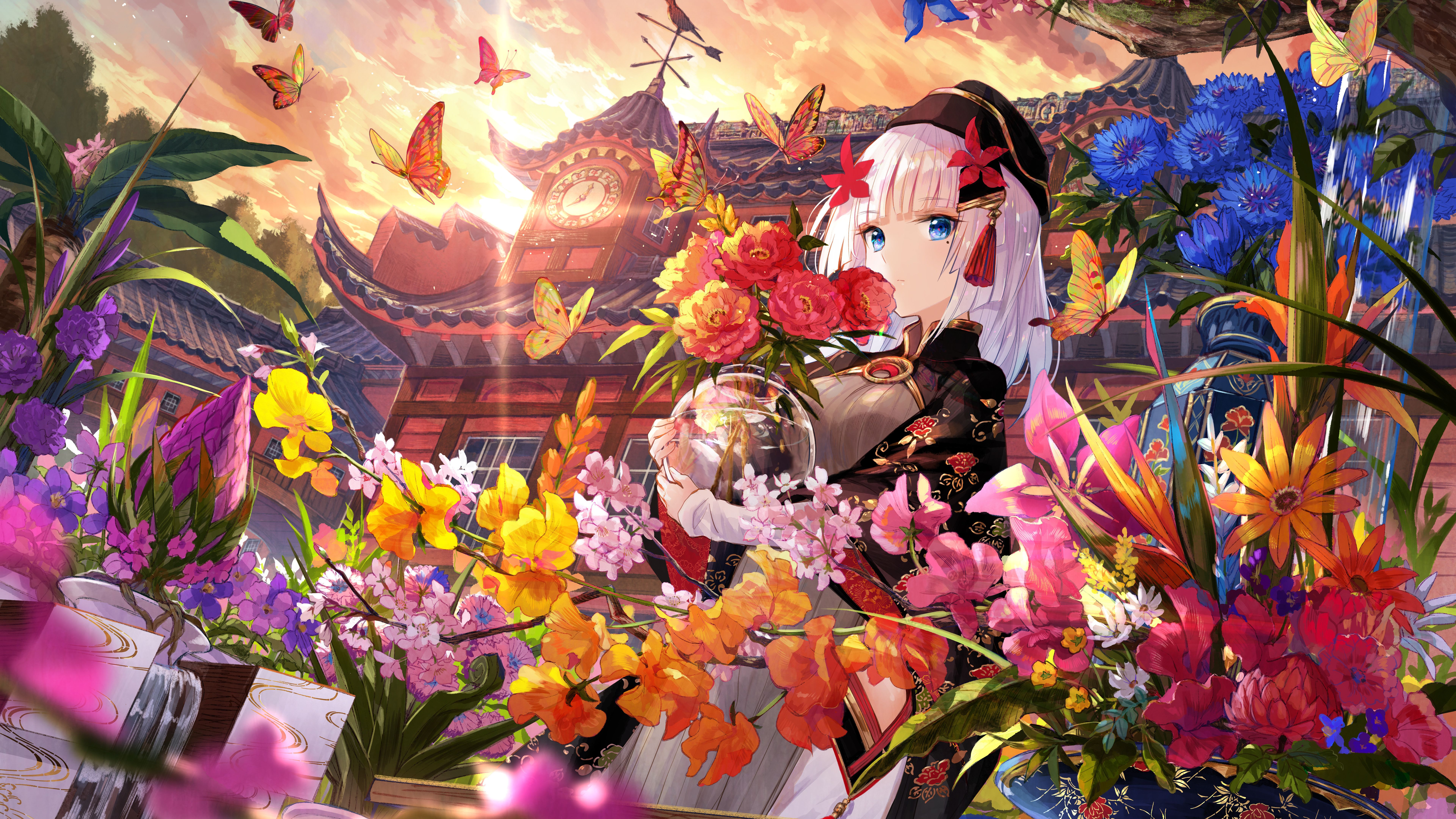 Anime Girl Butterfly Beautiful Flowers 8K Wallpaper
