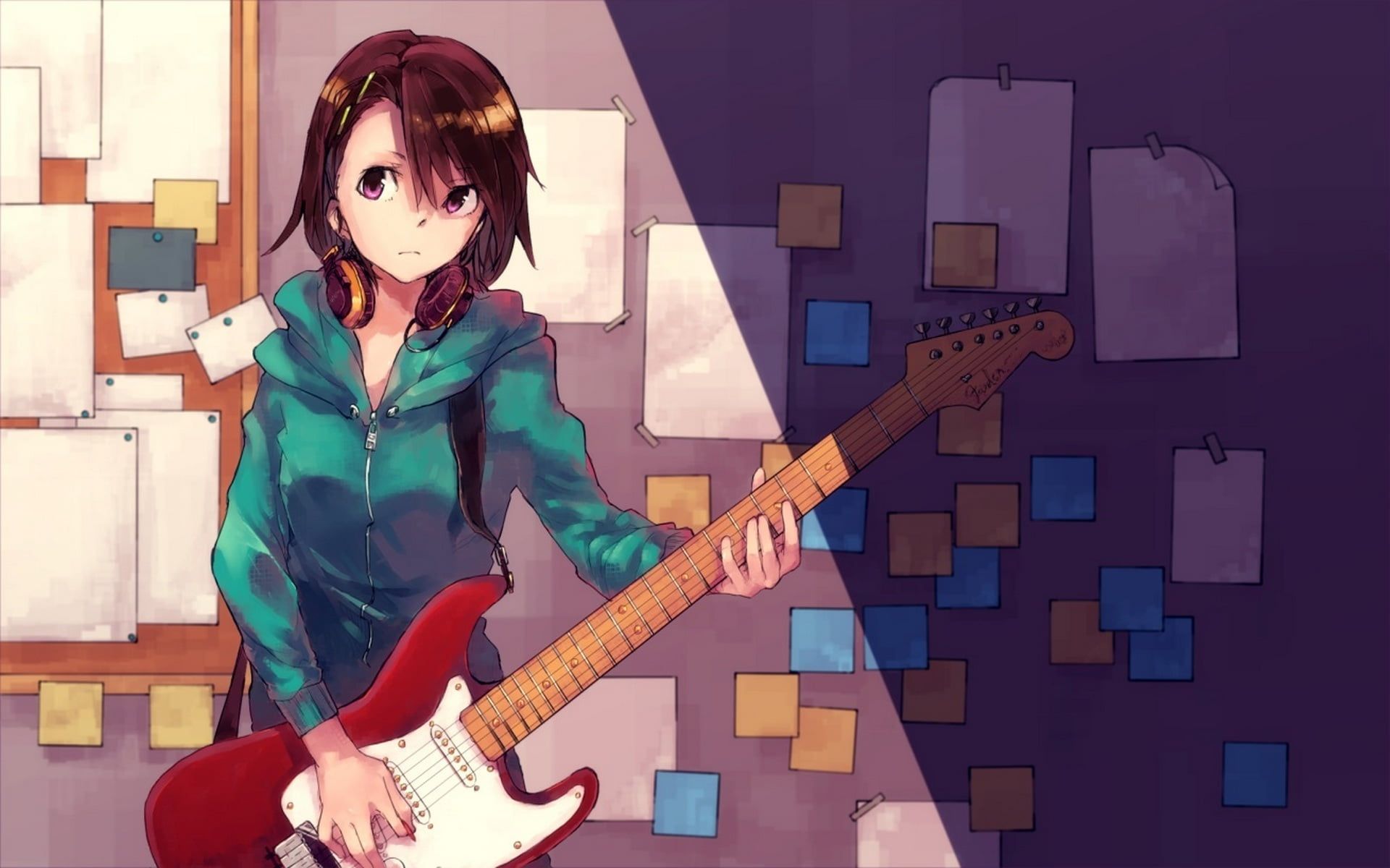 Female anime character with red electric guitar HD wallpaper
