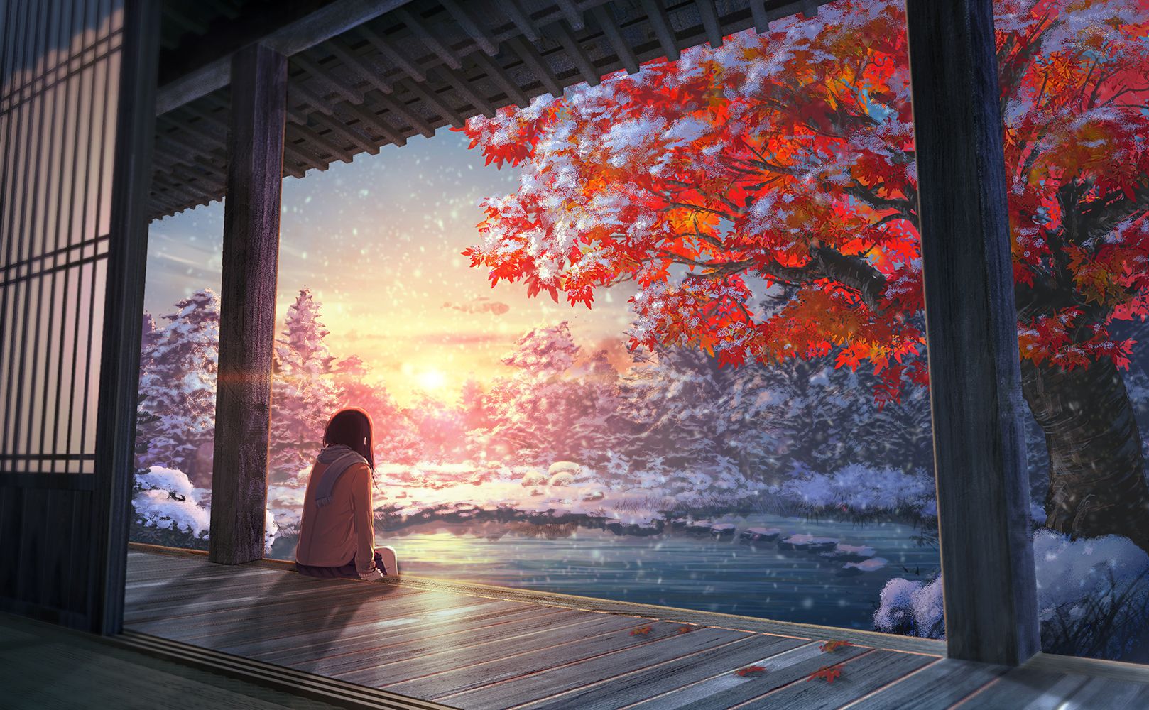 #maple leaf, #snow, #Chill Out, #anime girls, wallpaper