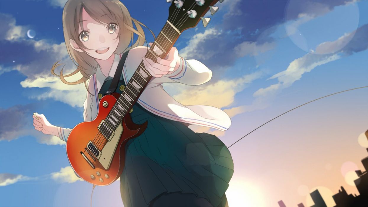 Guitar anime girl cute cloud sky moon star city blue sun light