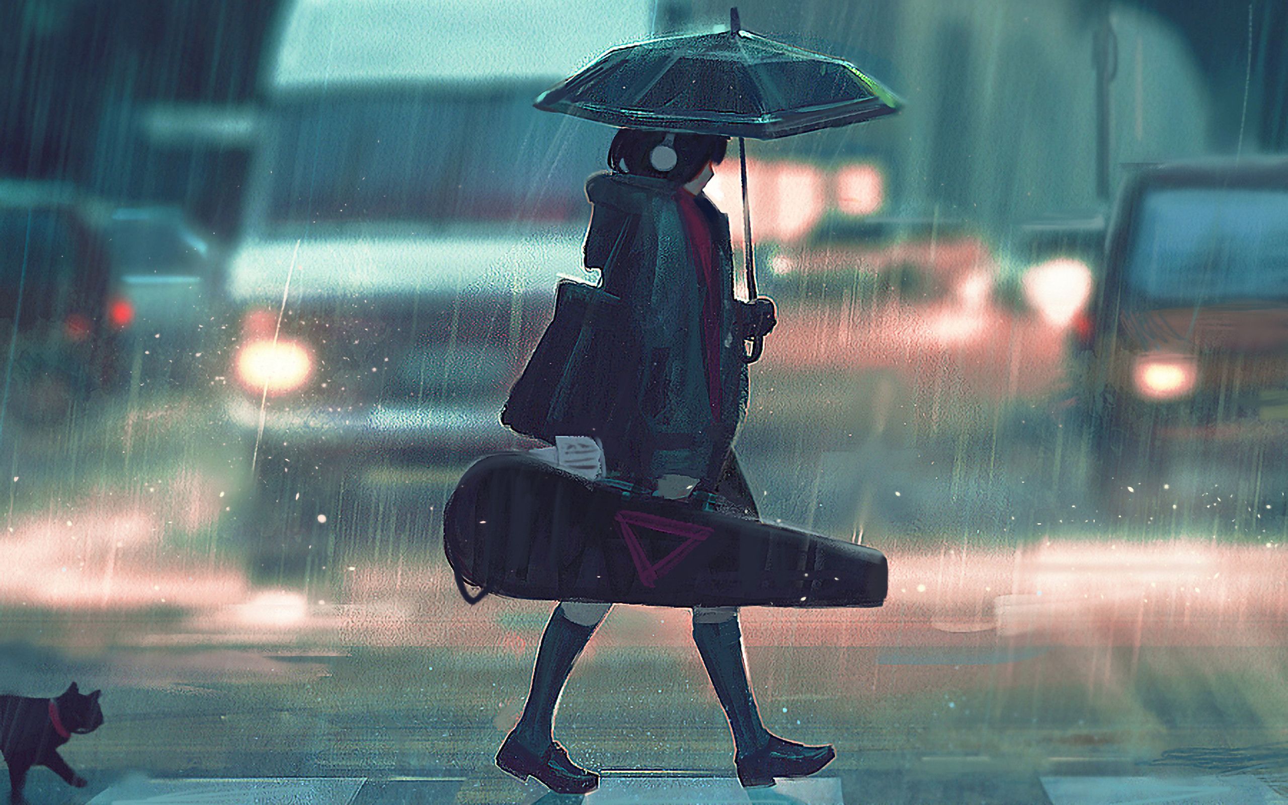 Anime Girl With Guitar Passing Street 2560x1600
