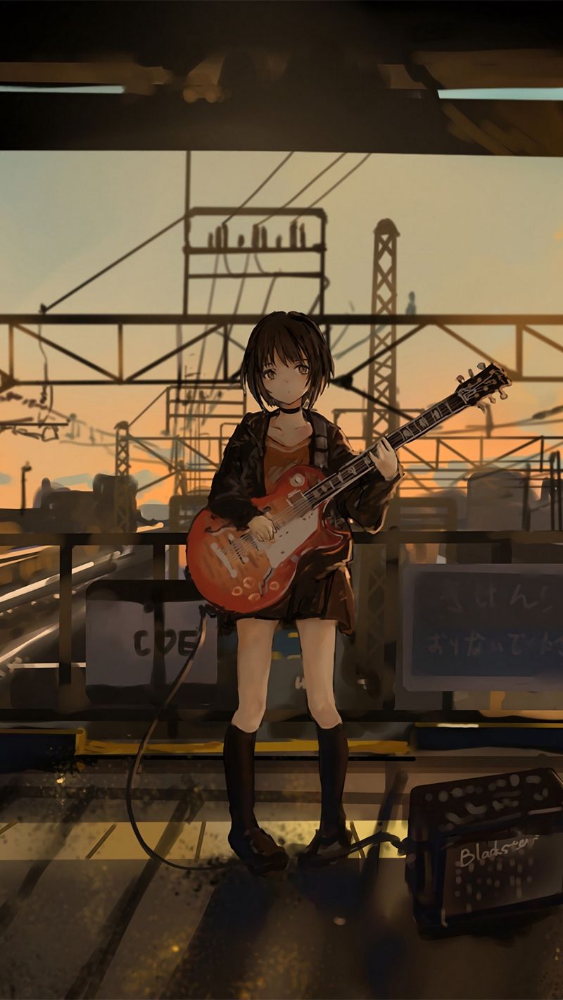 Download wallpaper 800x1420 girl, guitar, anime, musician