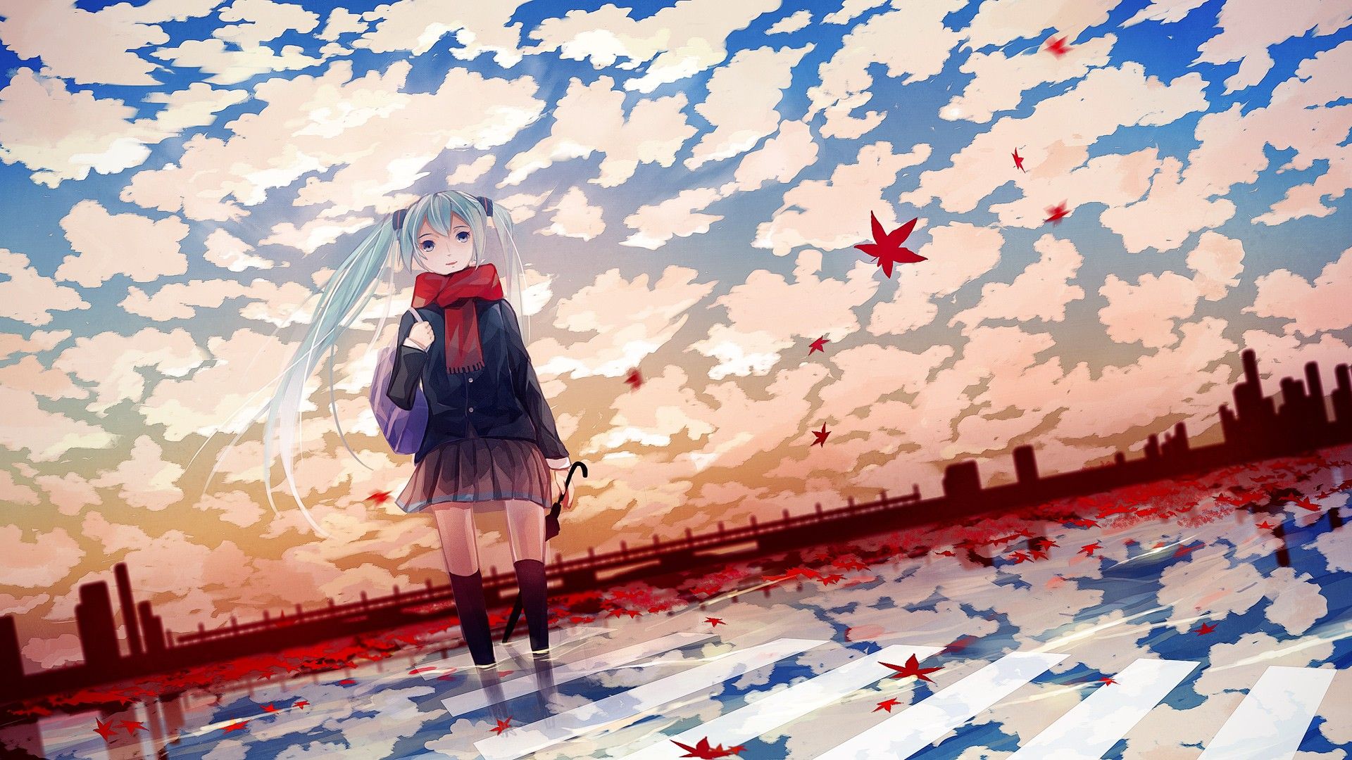 water, clouds, Vocaloid, Hatsune Miku, leaves, skirts, long hair