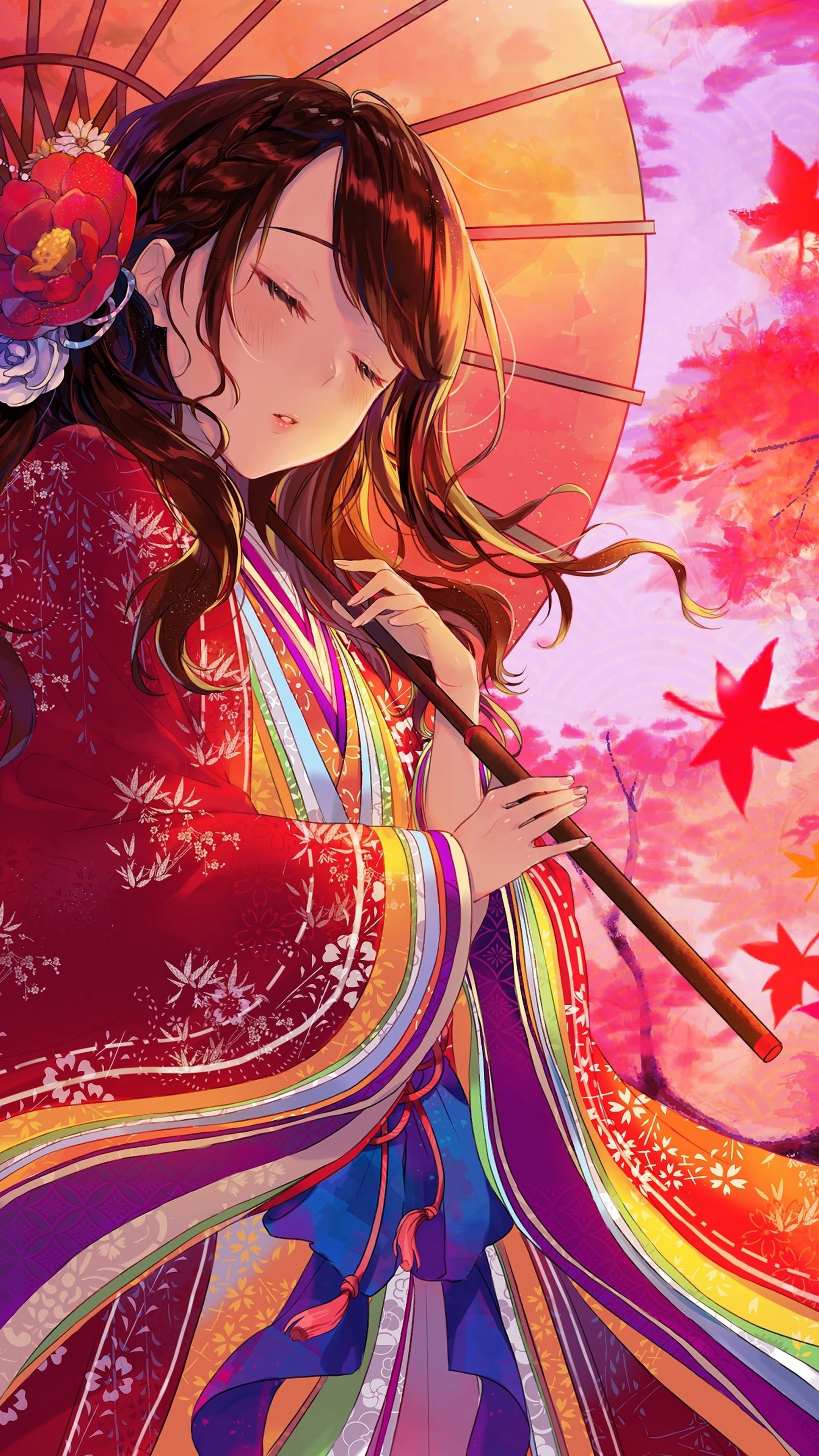 Anime Girl Kimono Maple Trees Autumn 4K Wallpaper