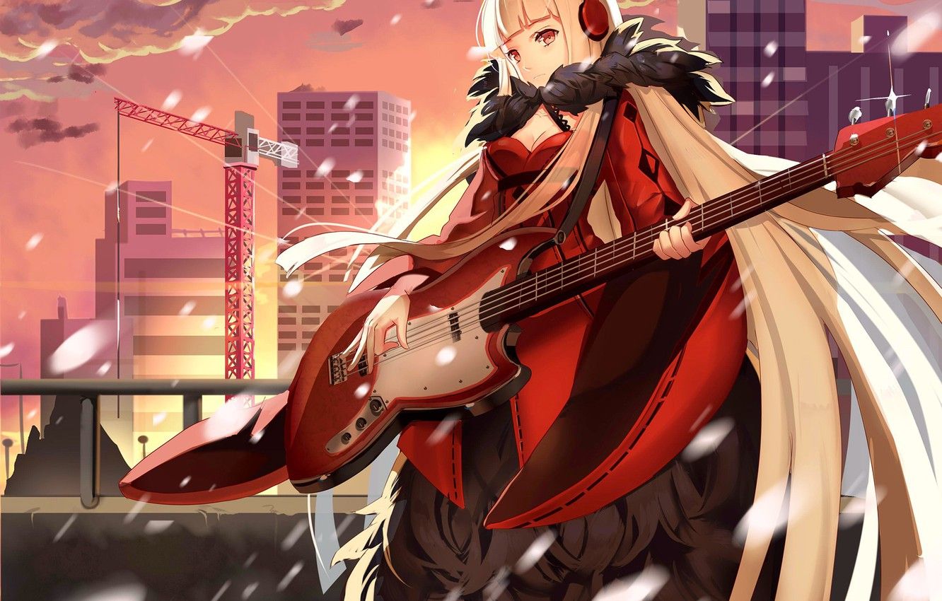 Cute Anime Girl With Guitar. Full HD Wallpaper