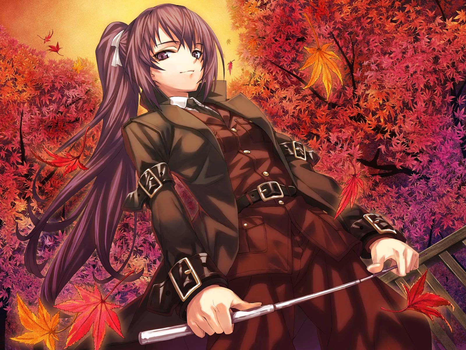 Wallpaper Purple hair anime girl, maple tree, red leaves, autumn