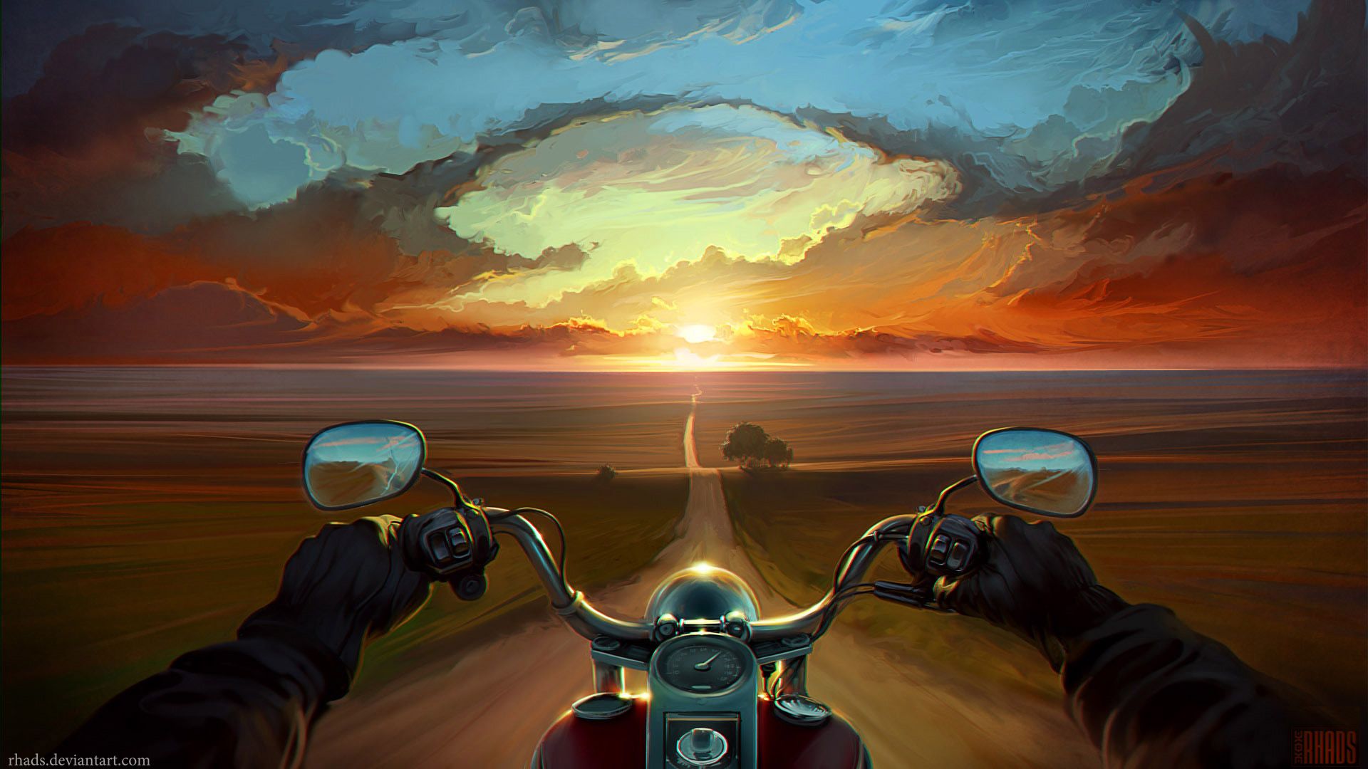 Motorcycle Sunset Drawing Dirt Road HD wallpaper