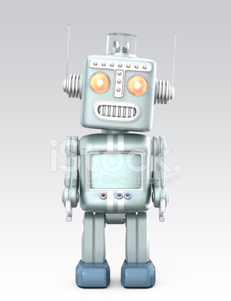 Vintage Robot Standing IN Isolated on Gray Background