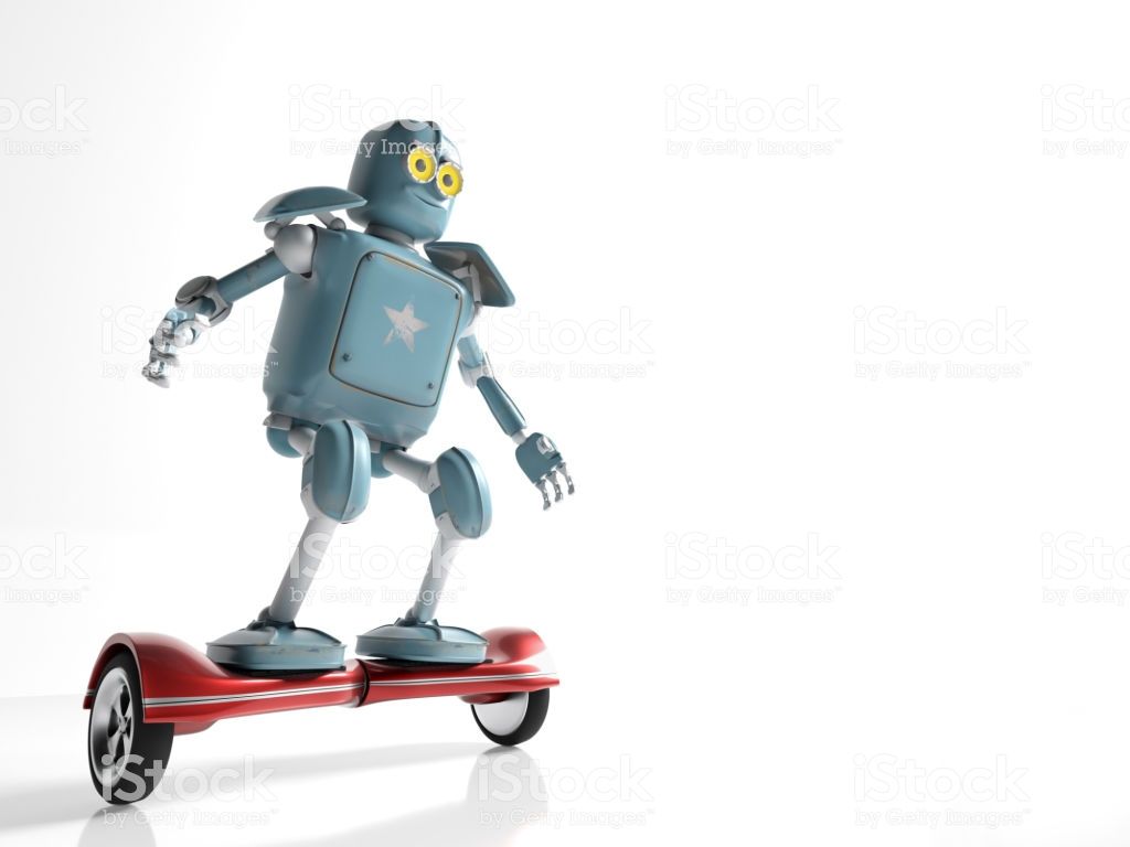 Retro Robot Rides On A Gyroscope Hoverboard Isolate On White 3D