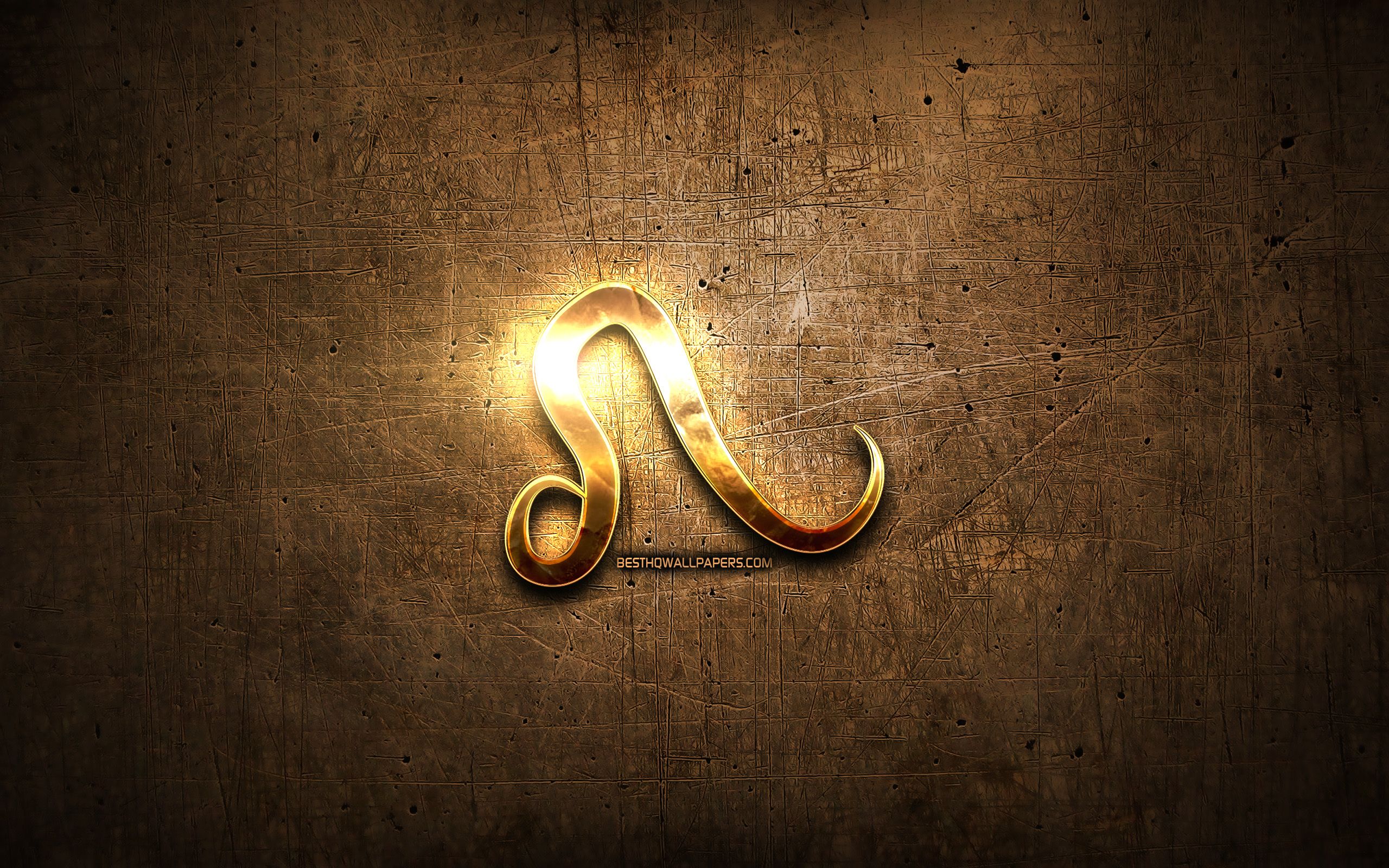 Download wallpaper Leo golden symbol, brown metal background