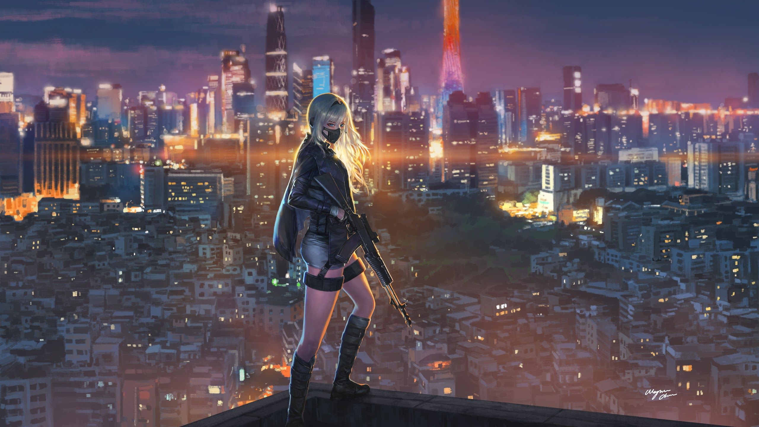 Anime Girl Rifle City Night 4K Wallpaper