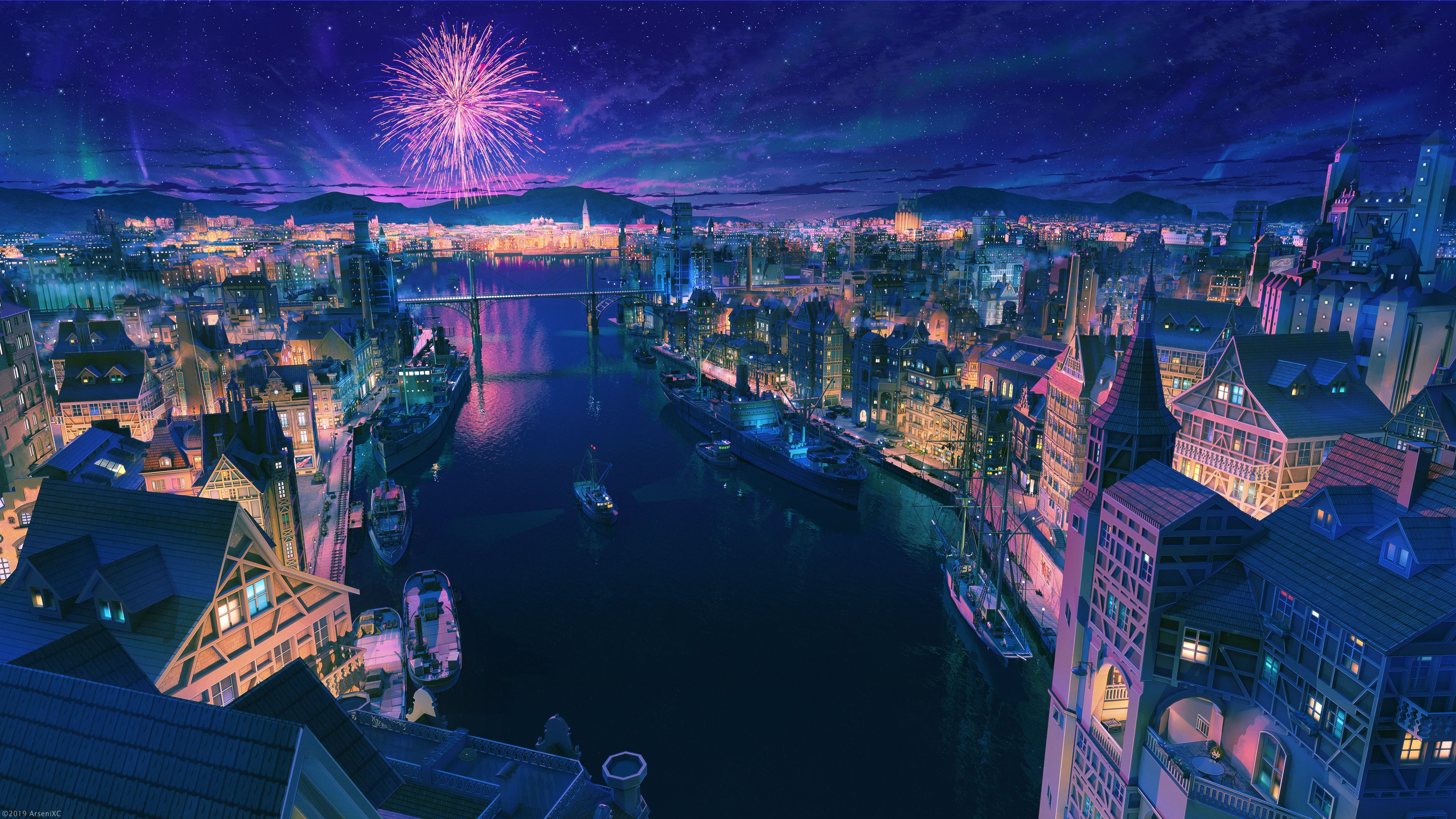 Anime City Night Fireworks Scenery 4K Wallpaper