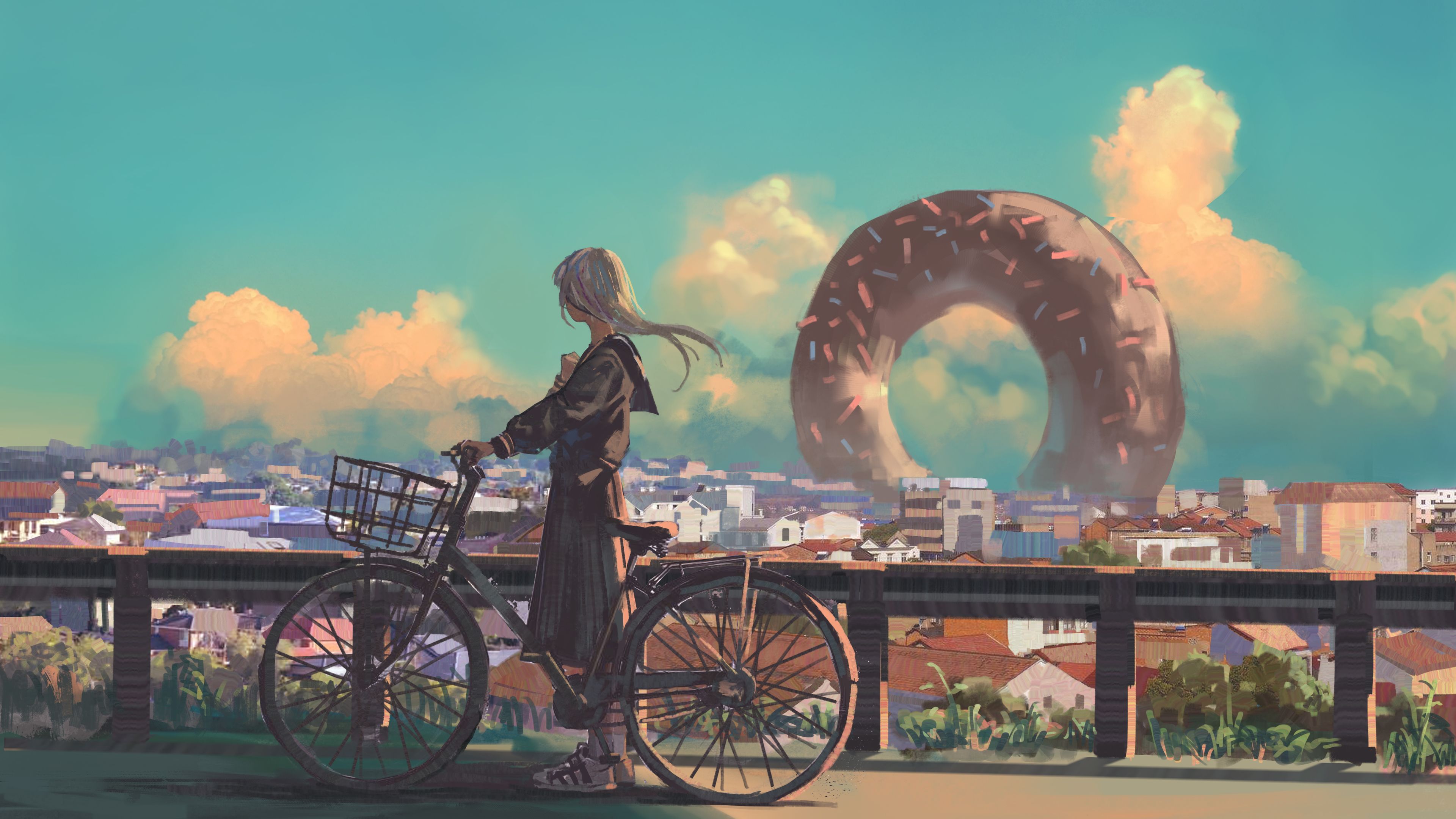 Wallpaper 4k Anime Original Bike City Long Hair Artwork anime