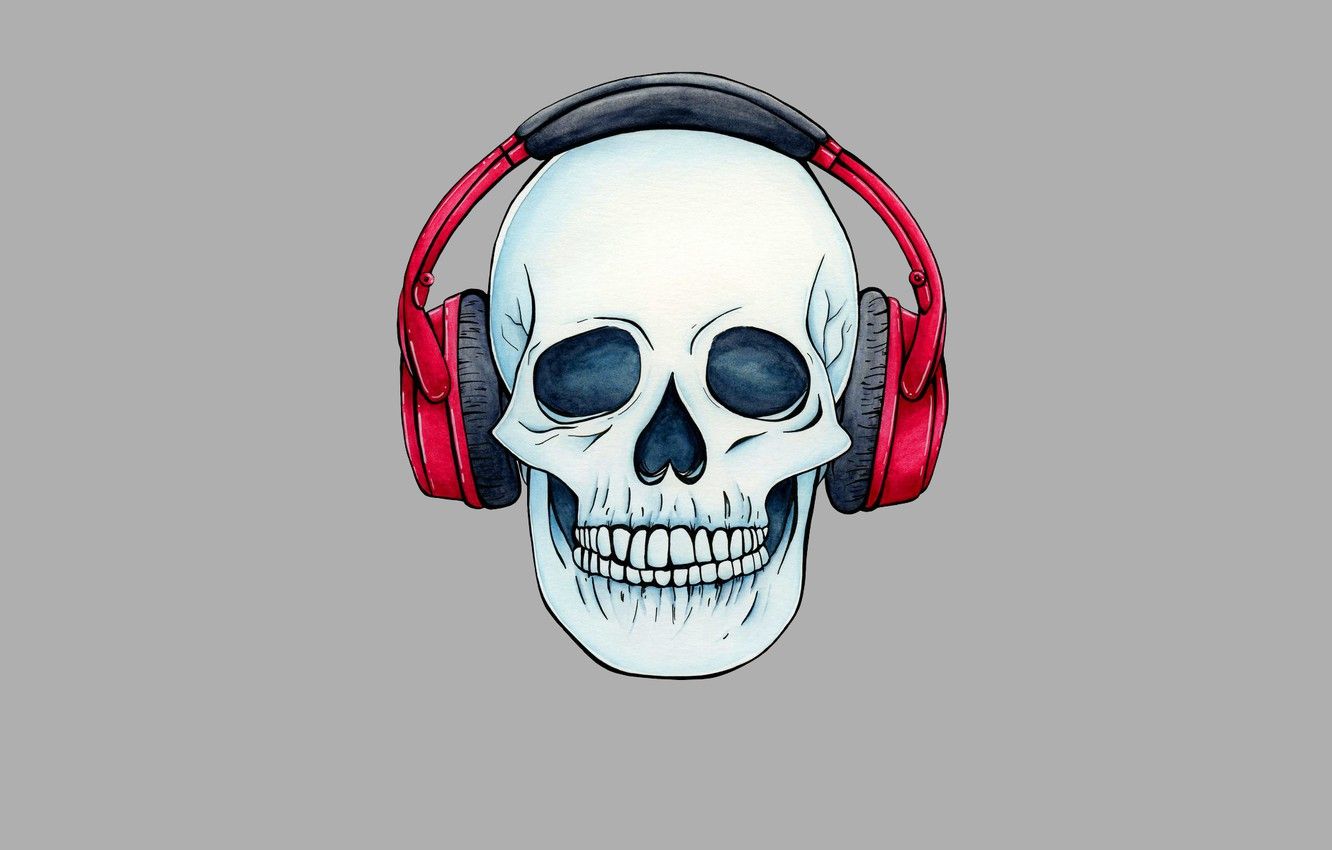 Wallpaper skull, minimalism, head, headphones, skeleton, sake