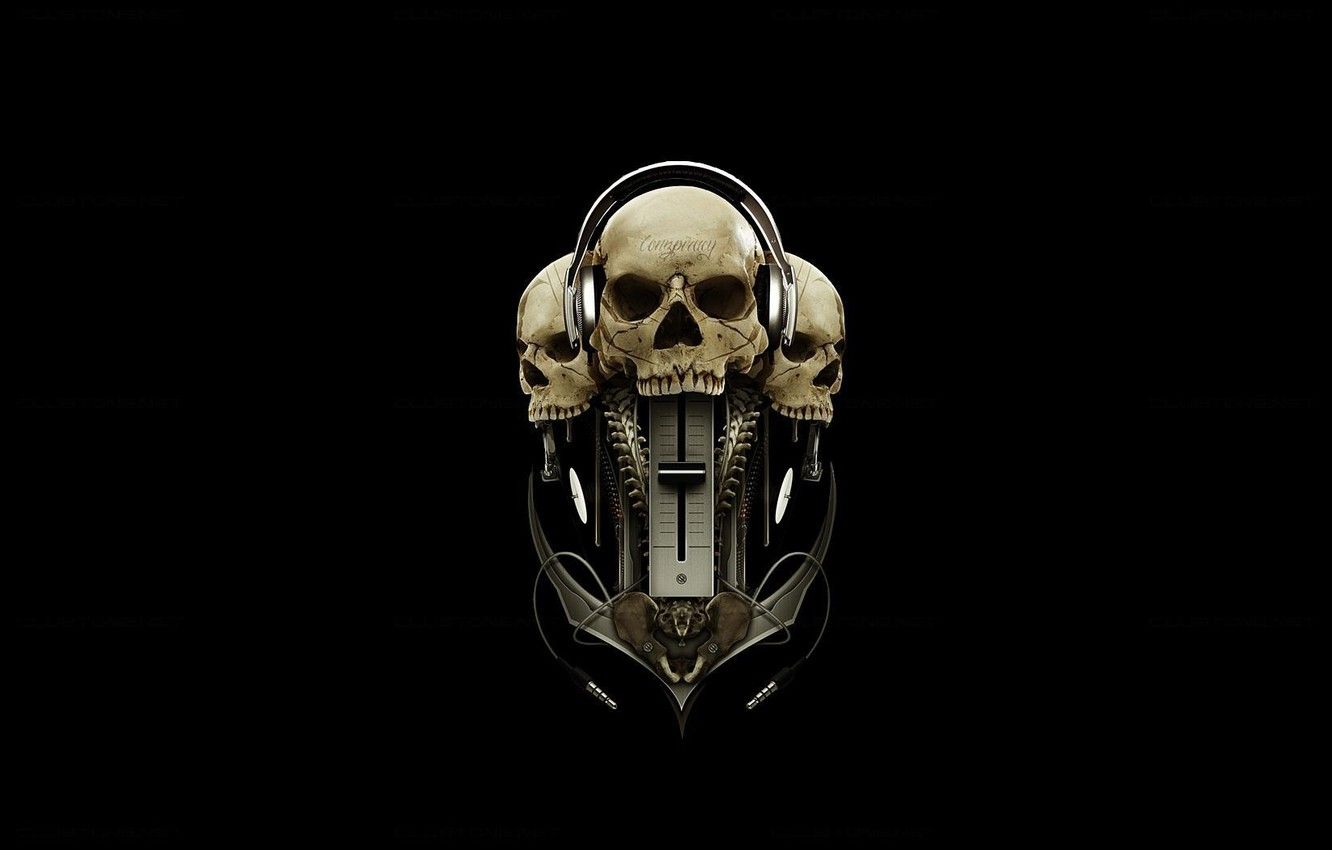 Wallpaper headphones, skull, black background image for desktop