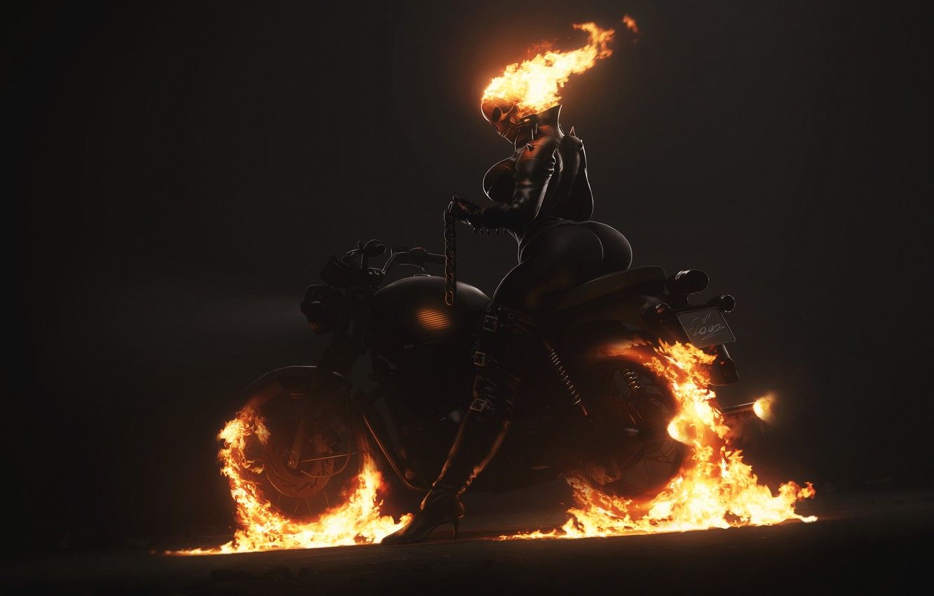Wallpaper Minimalism, Skull, Fire, Chain, Motorcycle, Background