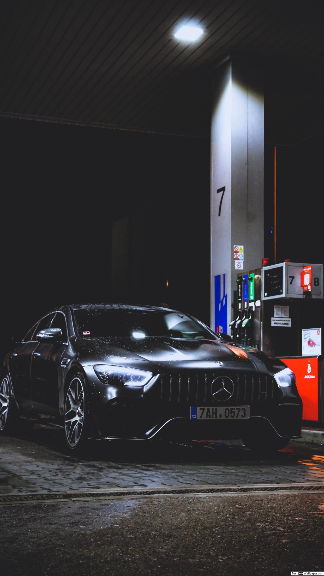 Black Mercedes Benz Car At Gas Station At Night HD Wallpaper Download
