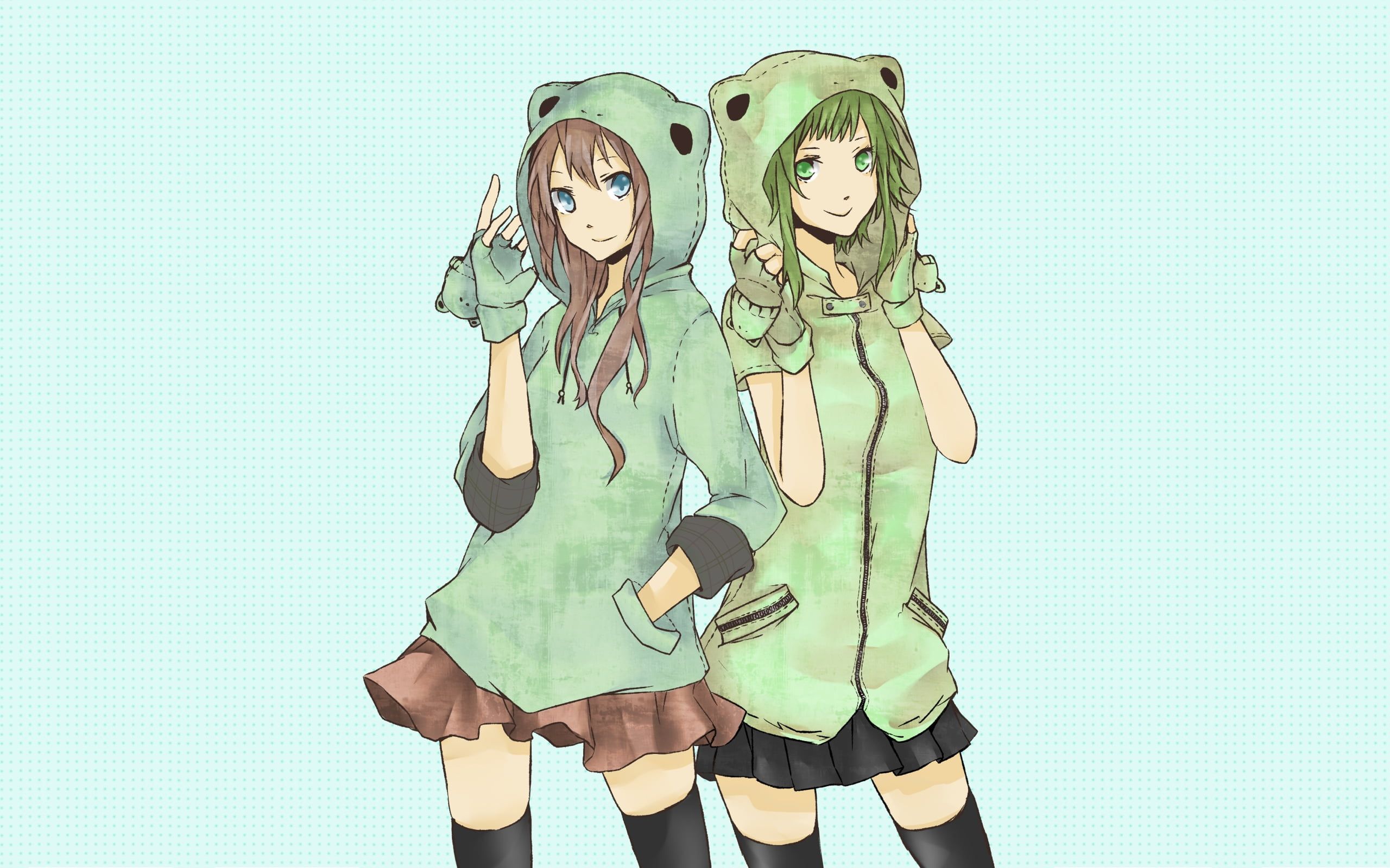 Two female anime character wearing green hoodie illustration HD