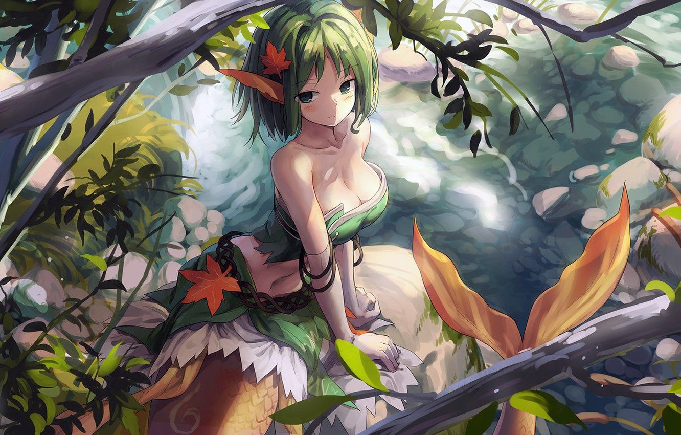 Wallpapers girl, fantasy, cleavage, green eyes, trees, anime