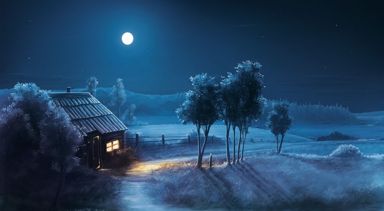 Field house moon night tree wallpaperx1792