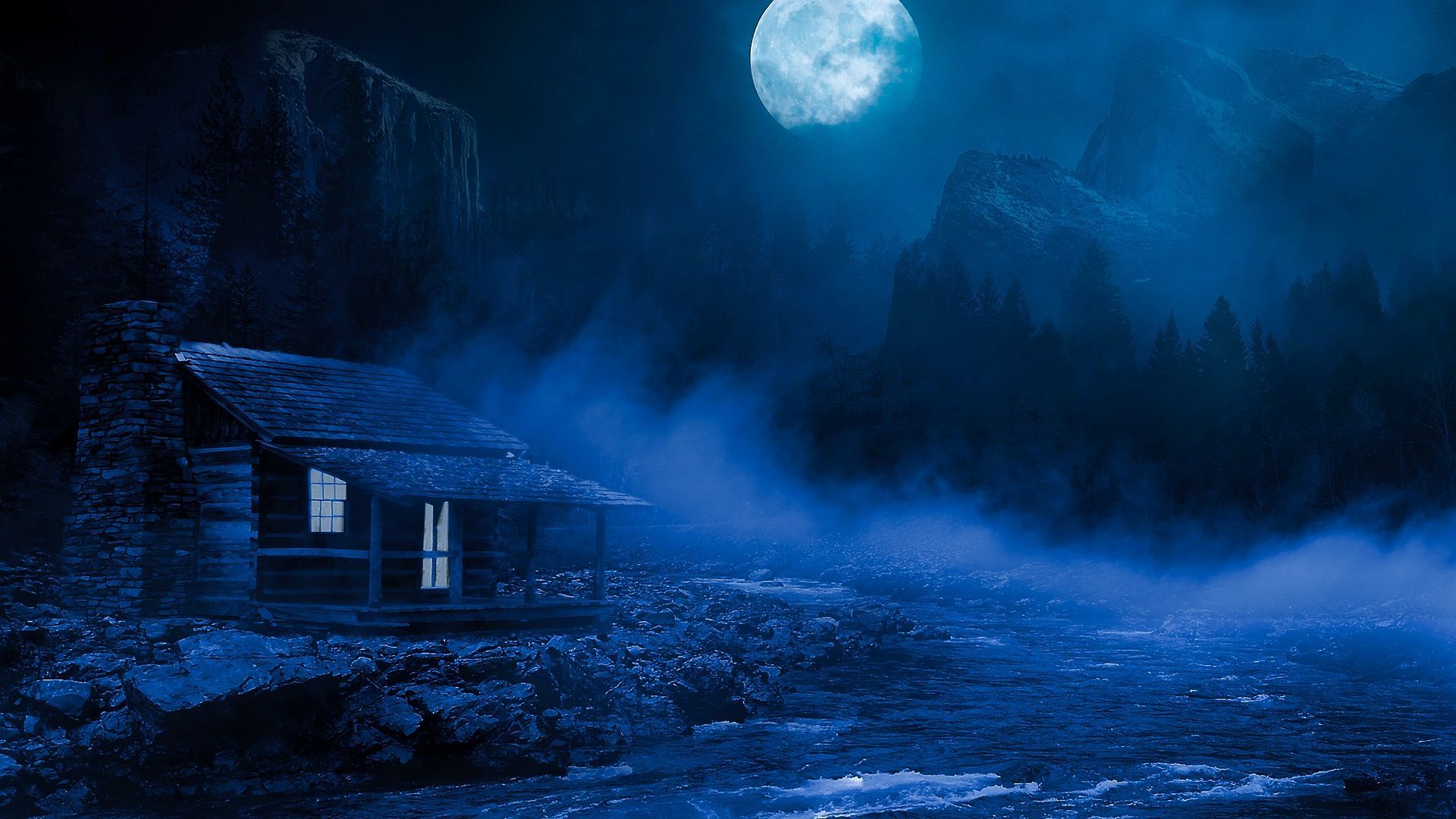 River House Fog and Moon Night View Wallpaper