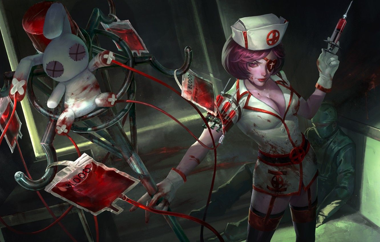 Wallpaper chest, blood, rabbit, costume, nurse, syringe, art, Heroes of Newerth, Voodoo Jester, Painkiller image for desktop, section прочее