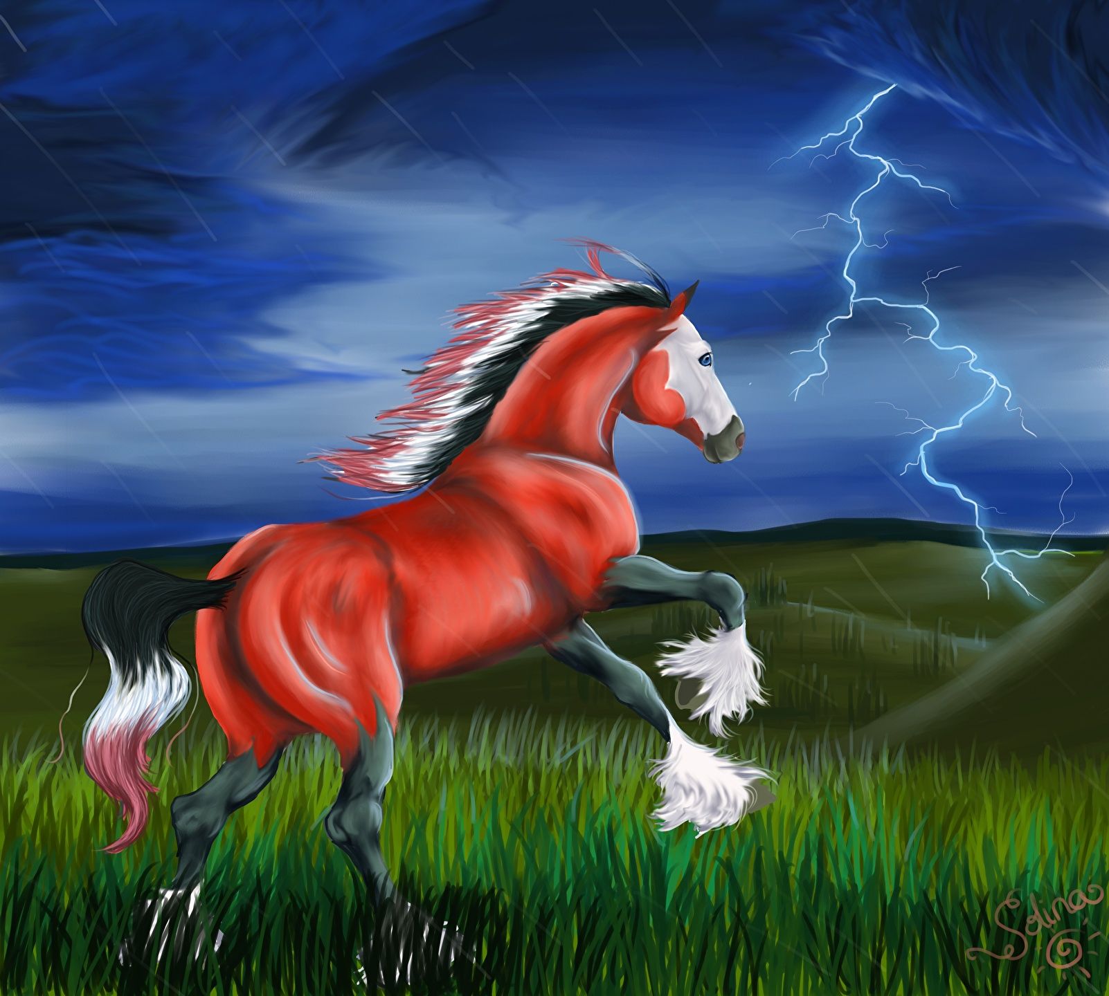 Image Horses Lightning Grass animal Painting Art 1602x1440