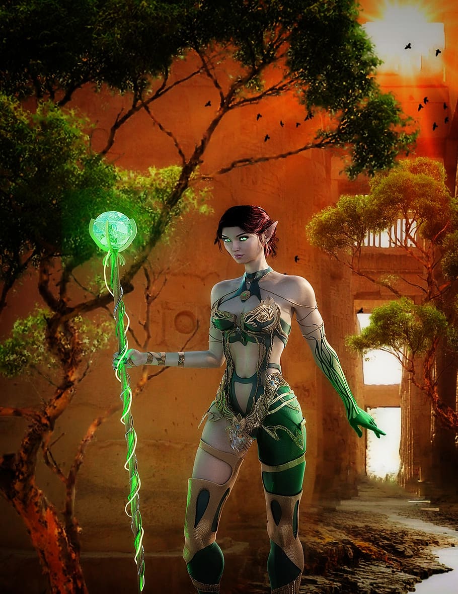 HD wallpaper: woman, adult, elf, mystical, magic, ruin, female