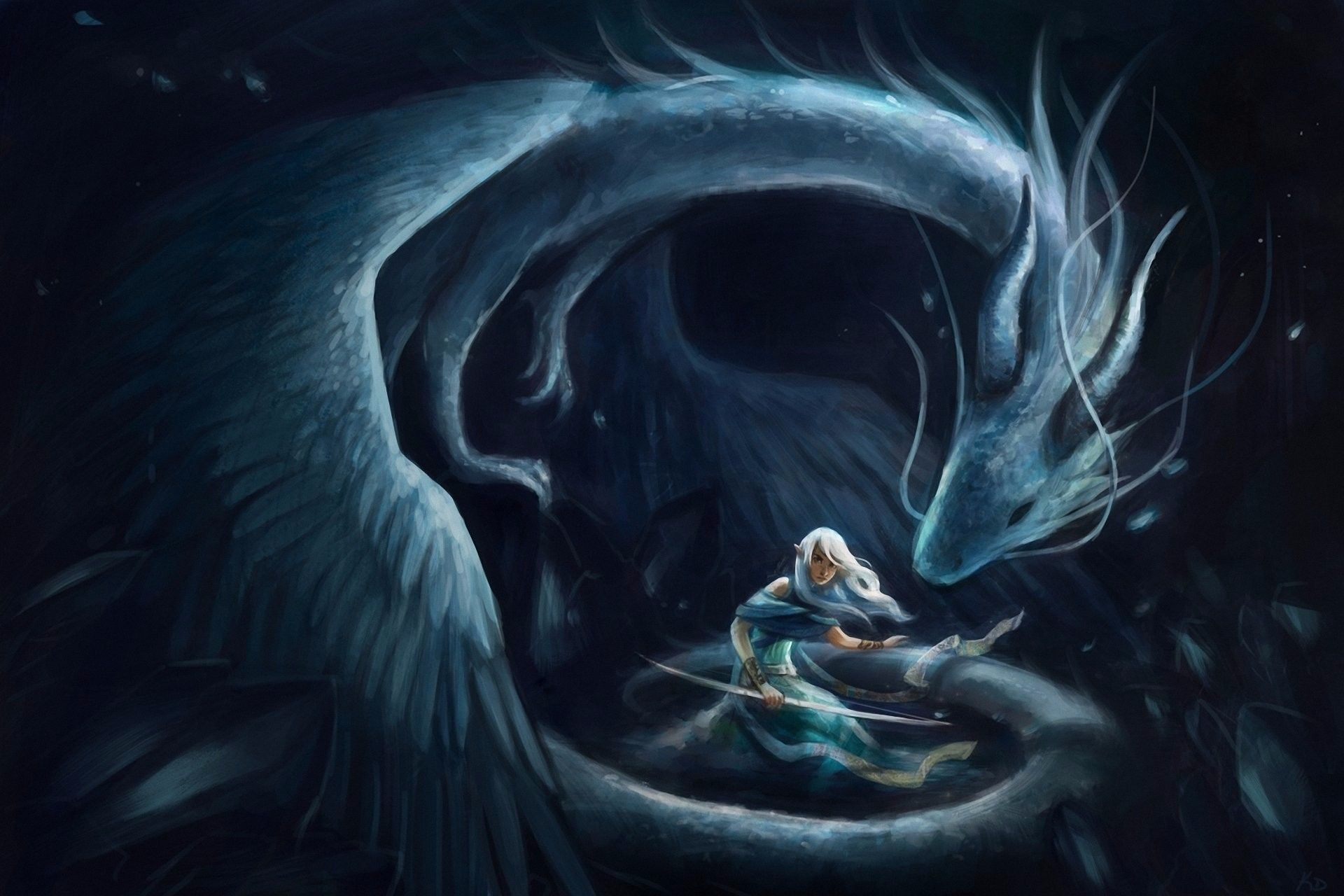 Fantasy Women White Hair Bow Dragon Girl Woman Fantasy Wallpaper