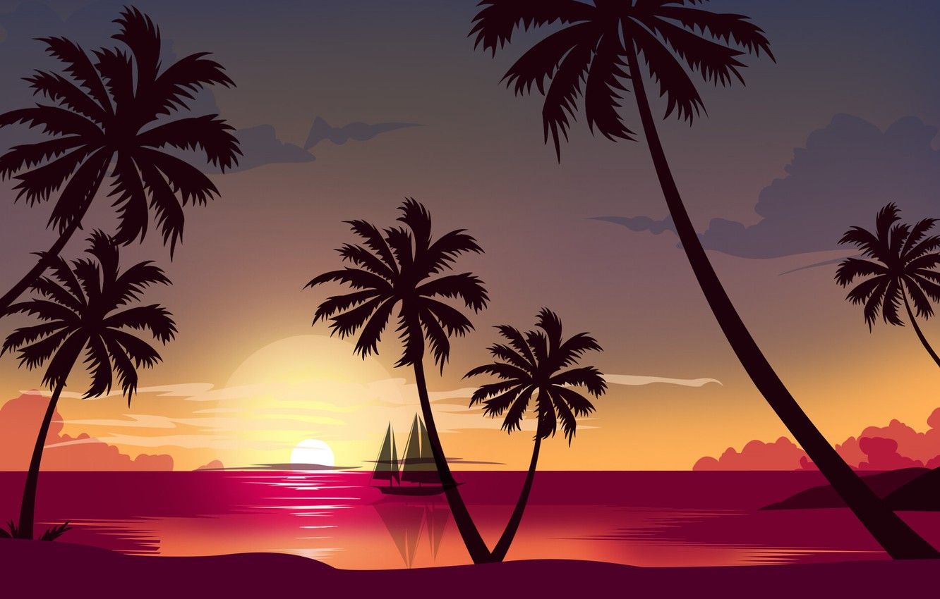 Wallpaper Sunset, The sun, The ocean, Sea, Beach, Minimalism, Palma, Ship, Style, Palm trees, 80s, Style, Ocean, Illustration, Sea, Palm image for desktop, section минимализм