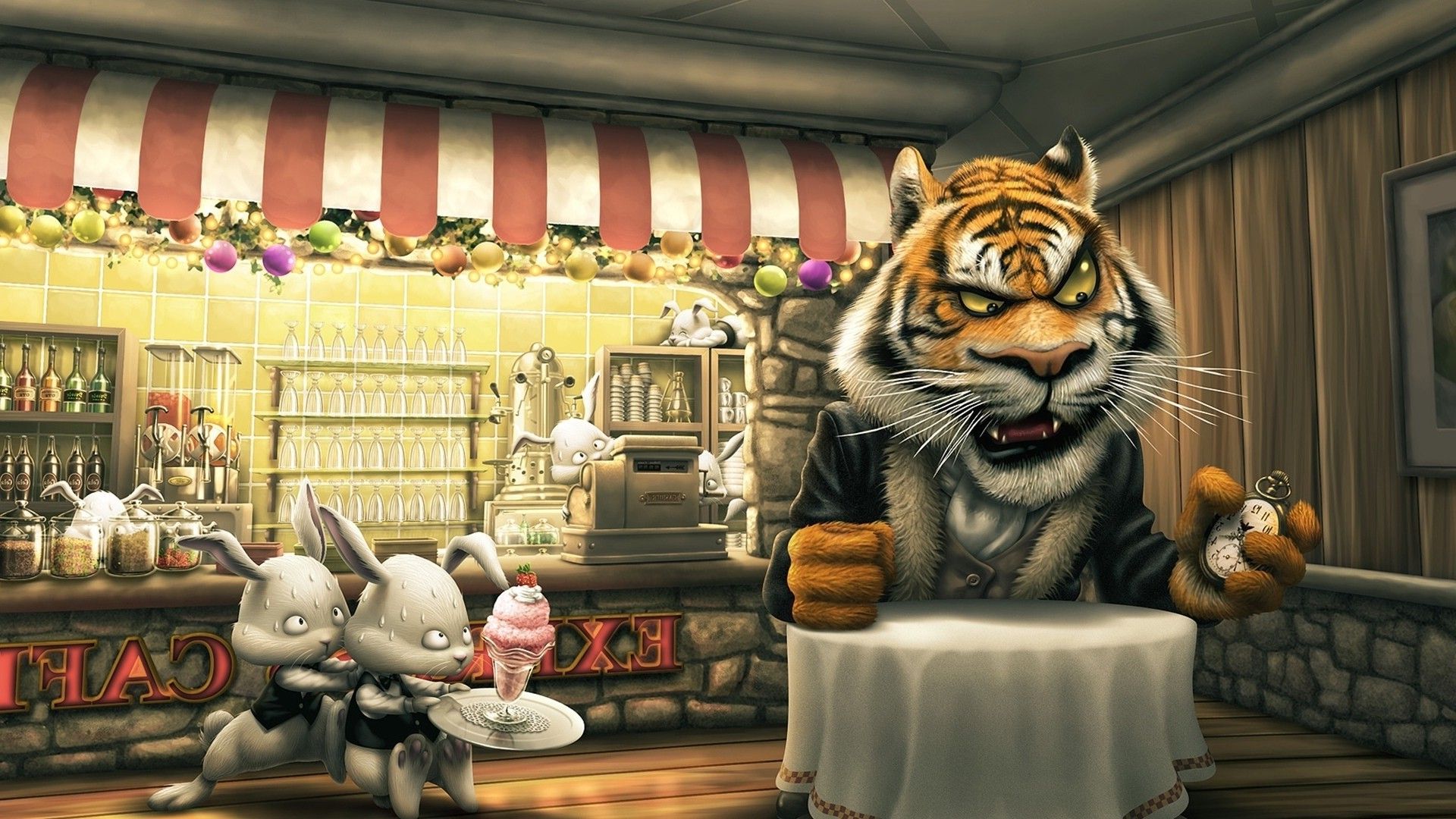 tiger, Rabbits, Cartoon, Cafes, Ice Cream, Food, Artwork, Animals Wallpaper HD / Desktop and Mobile Background